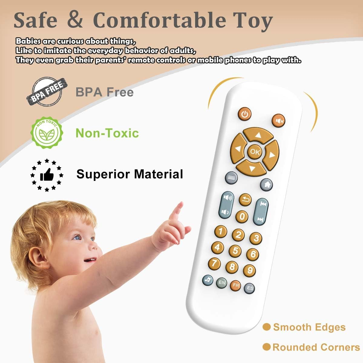 Ein Baby zeigt auf ein weißes Spielzeug-Handy mit bunten Tasten und Symbolen.