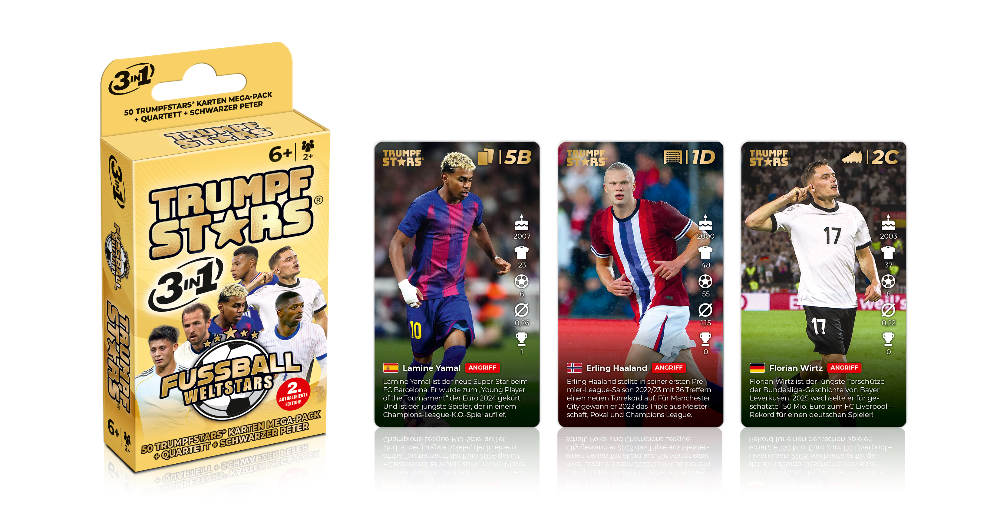 Sammelkarten-Packung mit Fußballstars: Lamine Yamal, Erling Haaland, Florian Wirtz.