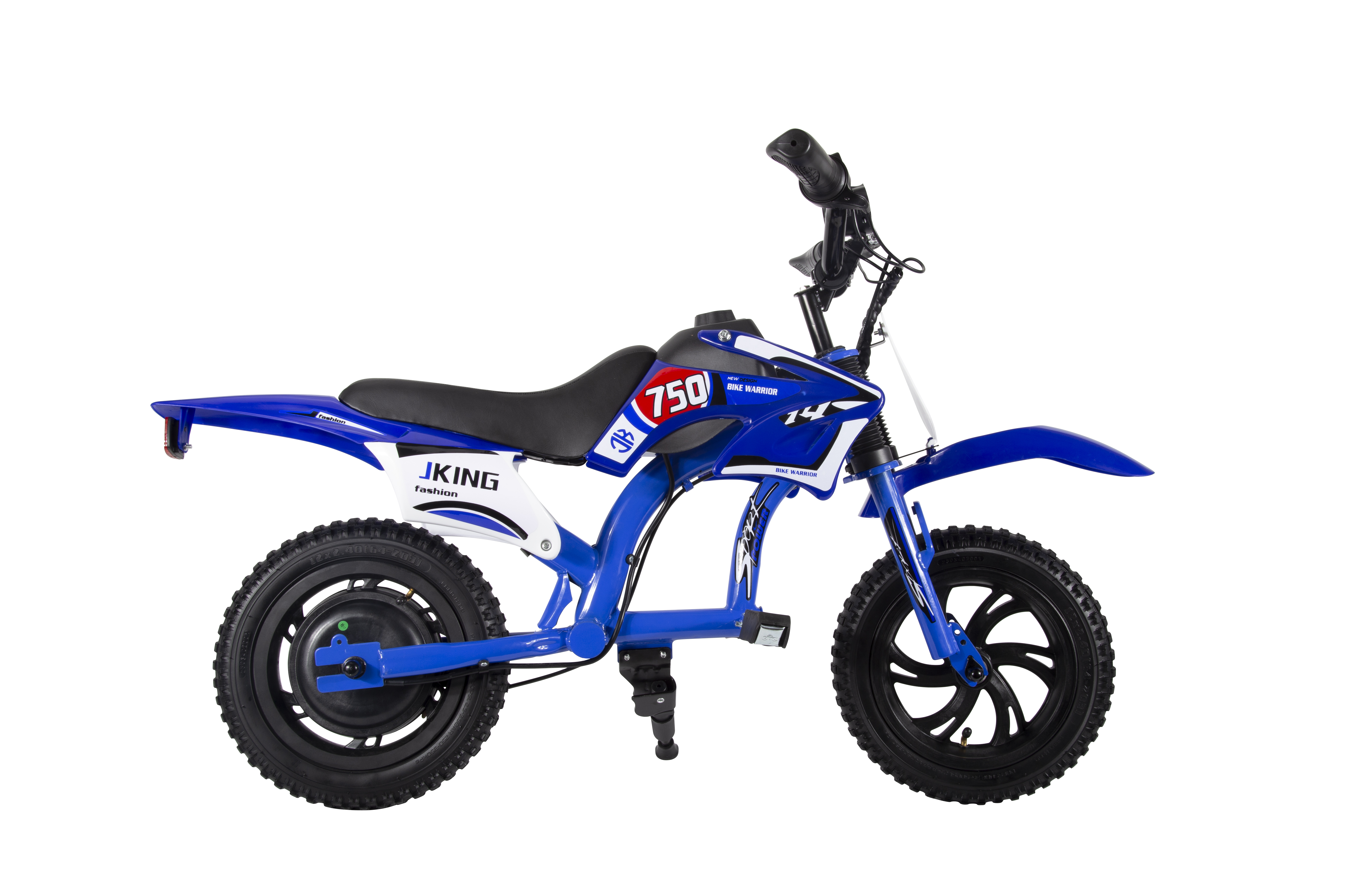 Ein blaues Elektromotorrad mit schwarzen Rädern und Felgen, auf weißem Hintergrund.