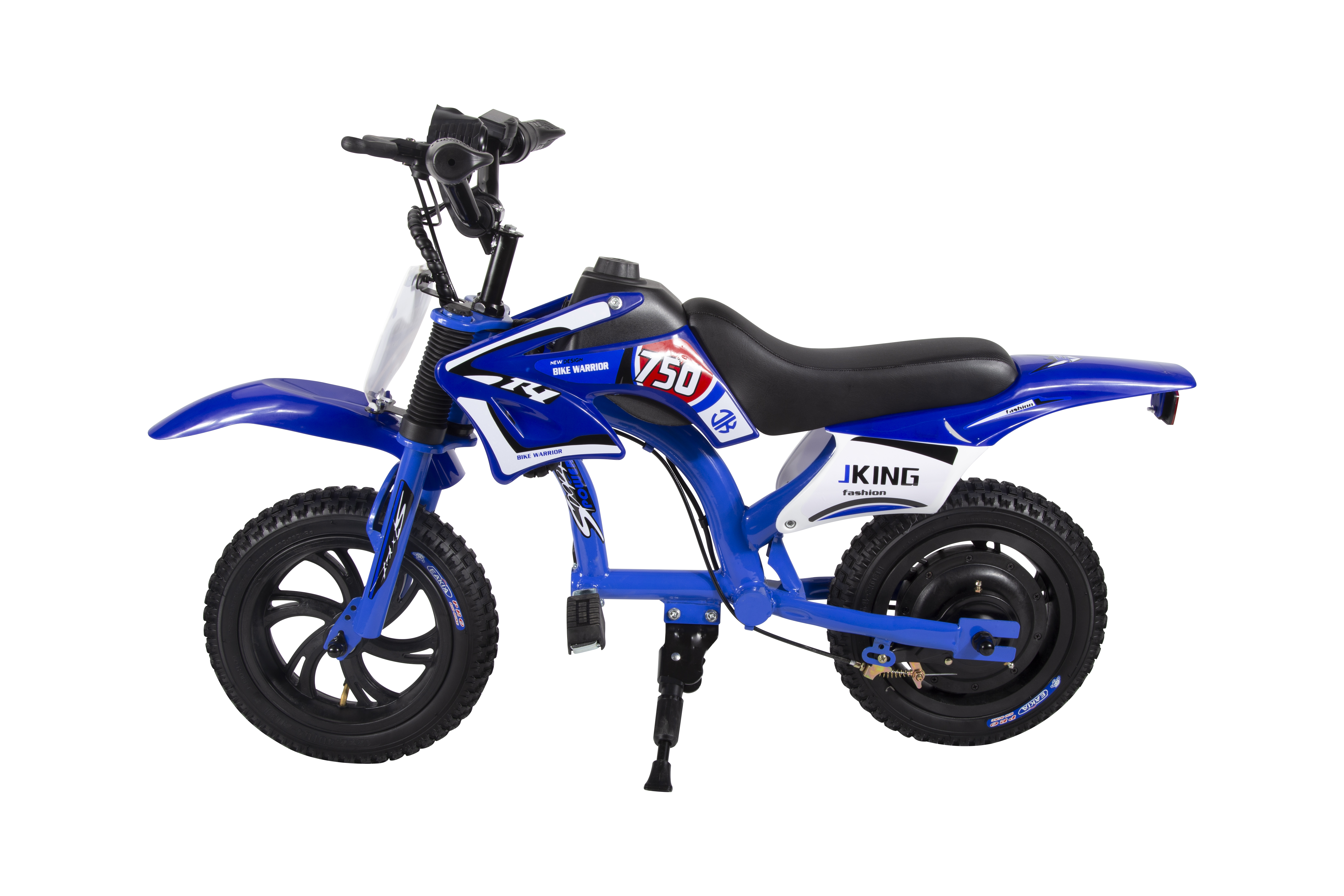 Ein blaues Motorrad mit Nummer 750 und JKING-Aufschrift.