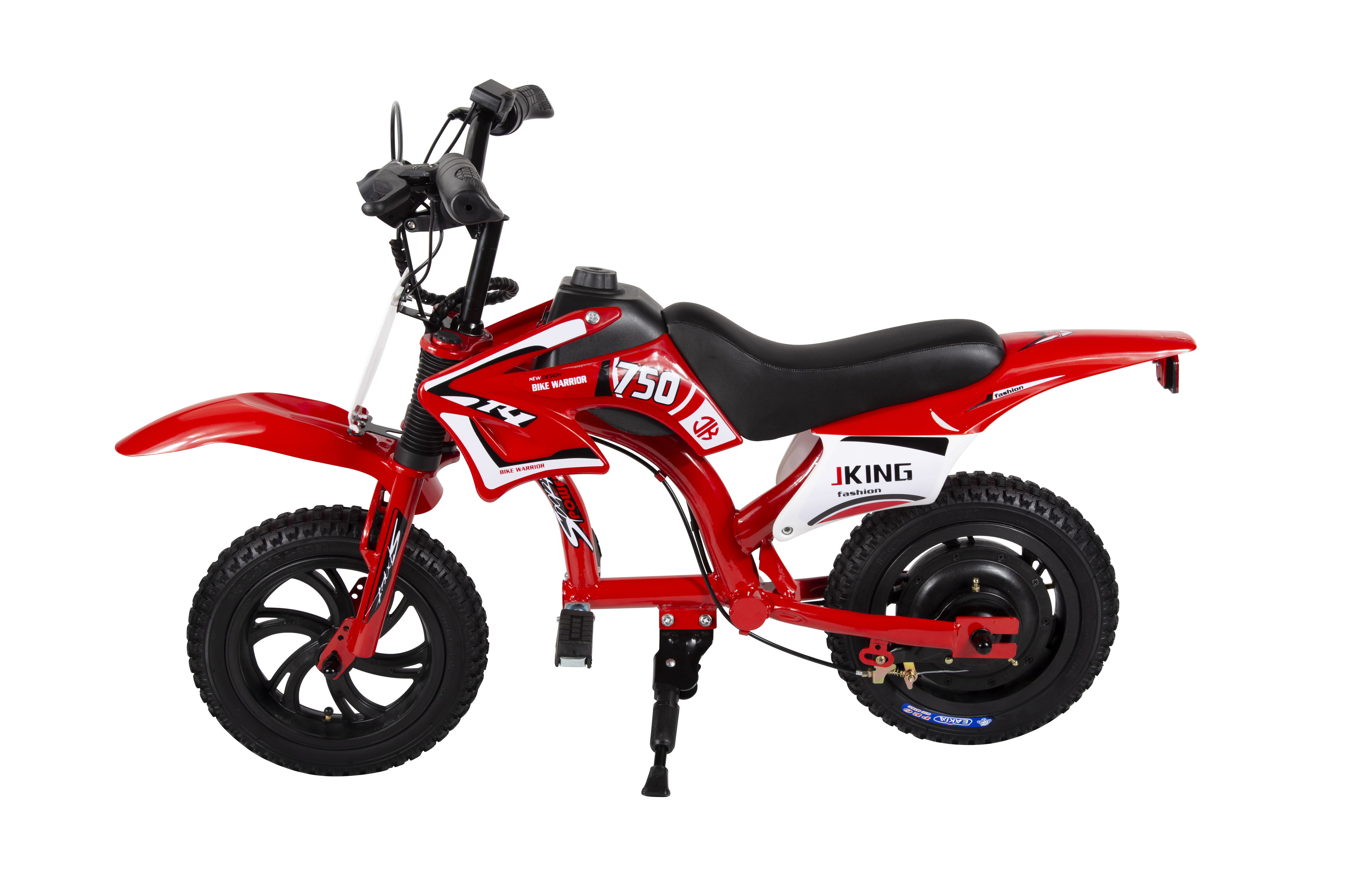 Rotes Kinder-Dirtbike mit schwarzen Rädern und Sitz. Details mit "750" und "Jking".