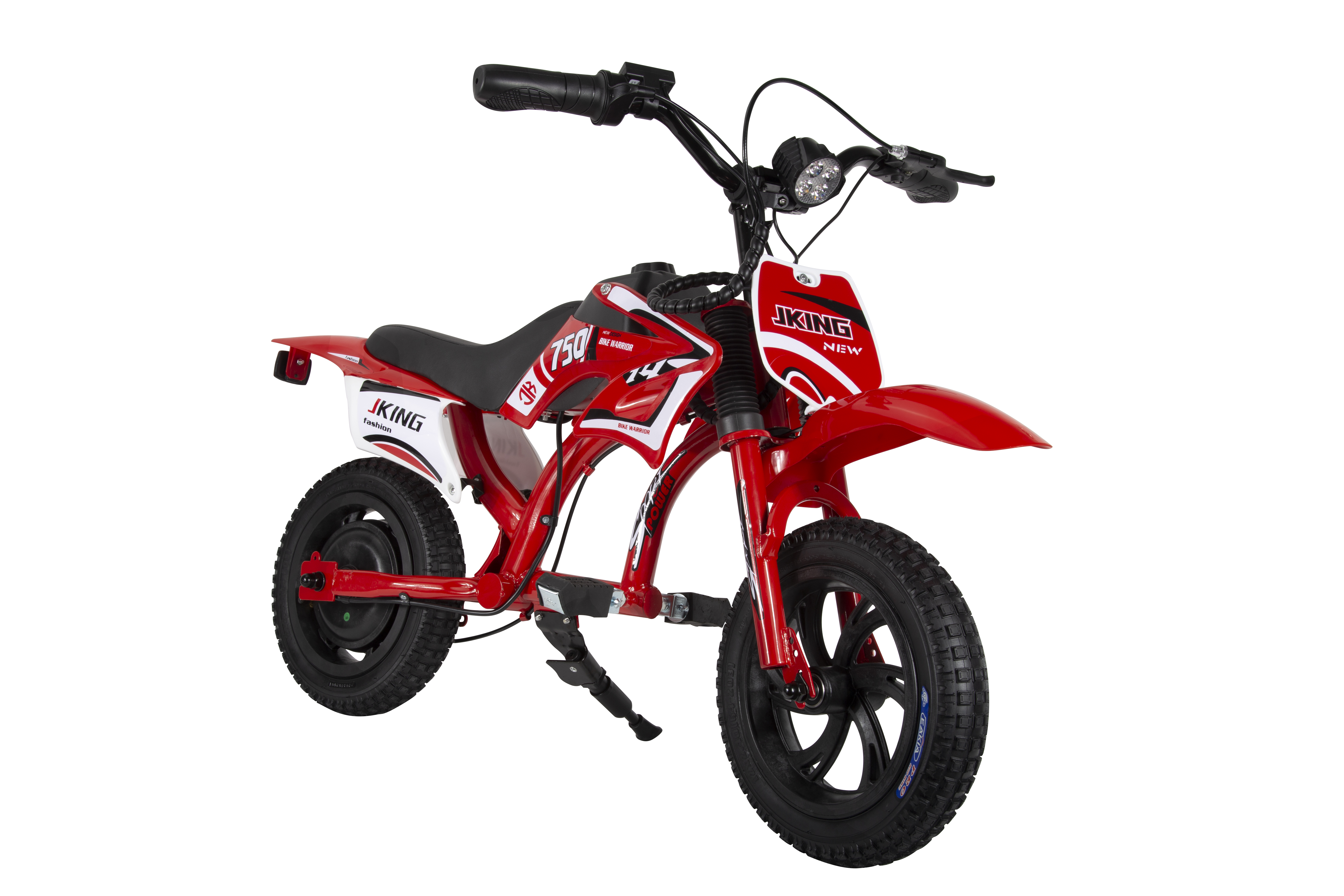 Rotes Kinder-Elektro-Dirtbike mit schwarzen Reifen und JKING-Aufklebern.
