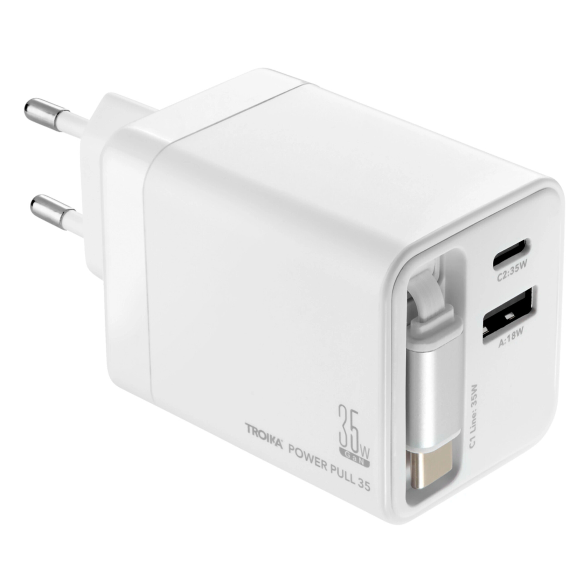 Weißer USB-C-Ladestecker mit zwei Anschlüssen und einem USB-A-Anschluss.