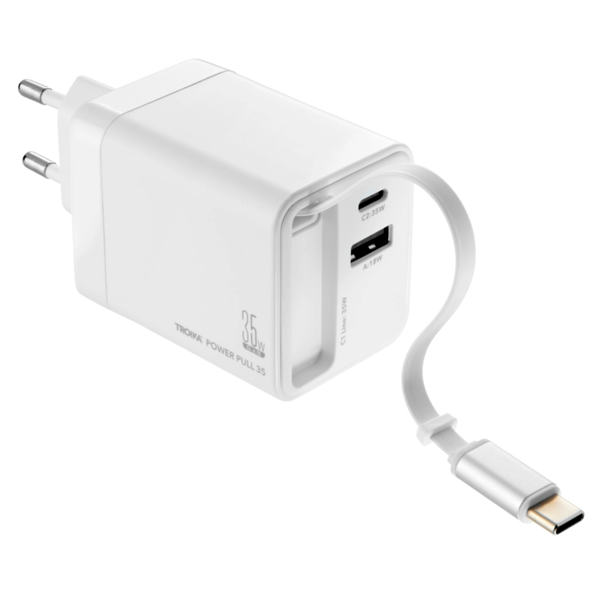 Ein weißes Ladegerät mit zwei USB-C-Anschlüssen und einem USB-A-Anschluss.
