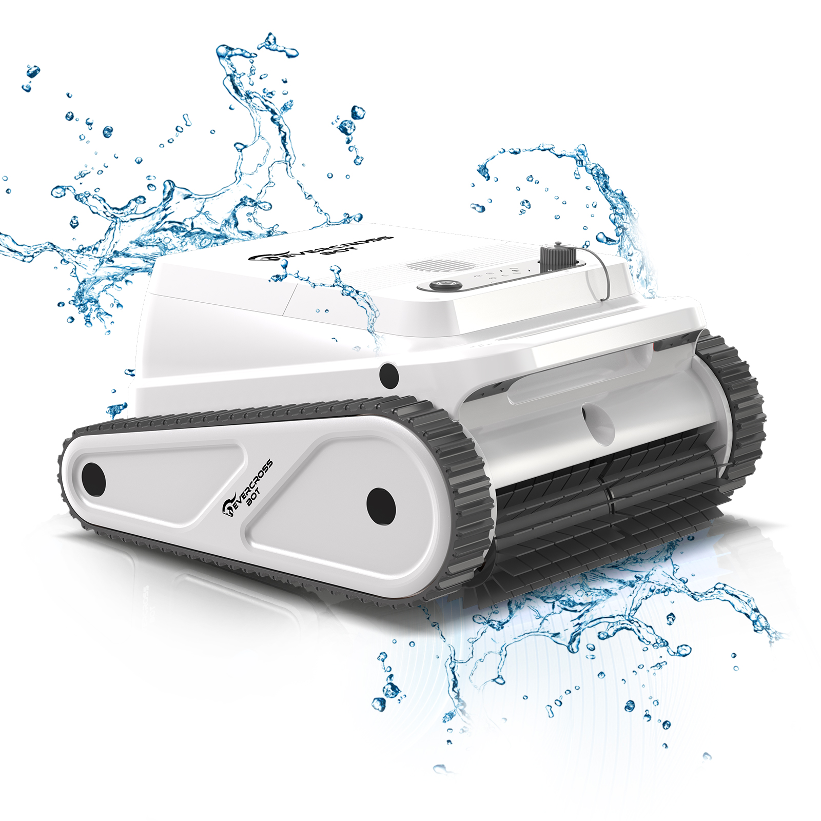 Un robot limpiador de piscina blanco con orugas, rodeado de salpicaduras.