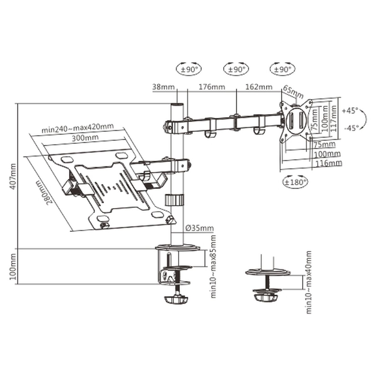 Technische tekening van een monitorarm met afmetingen en verstelhoeken.