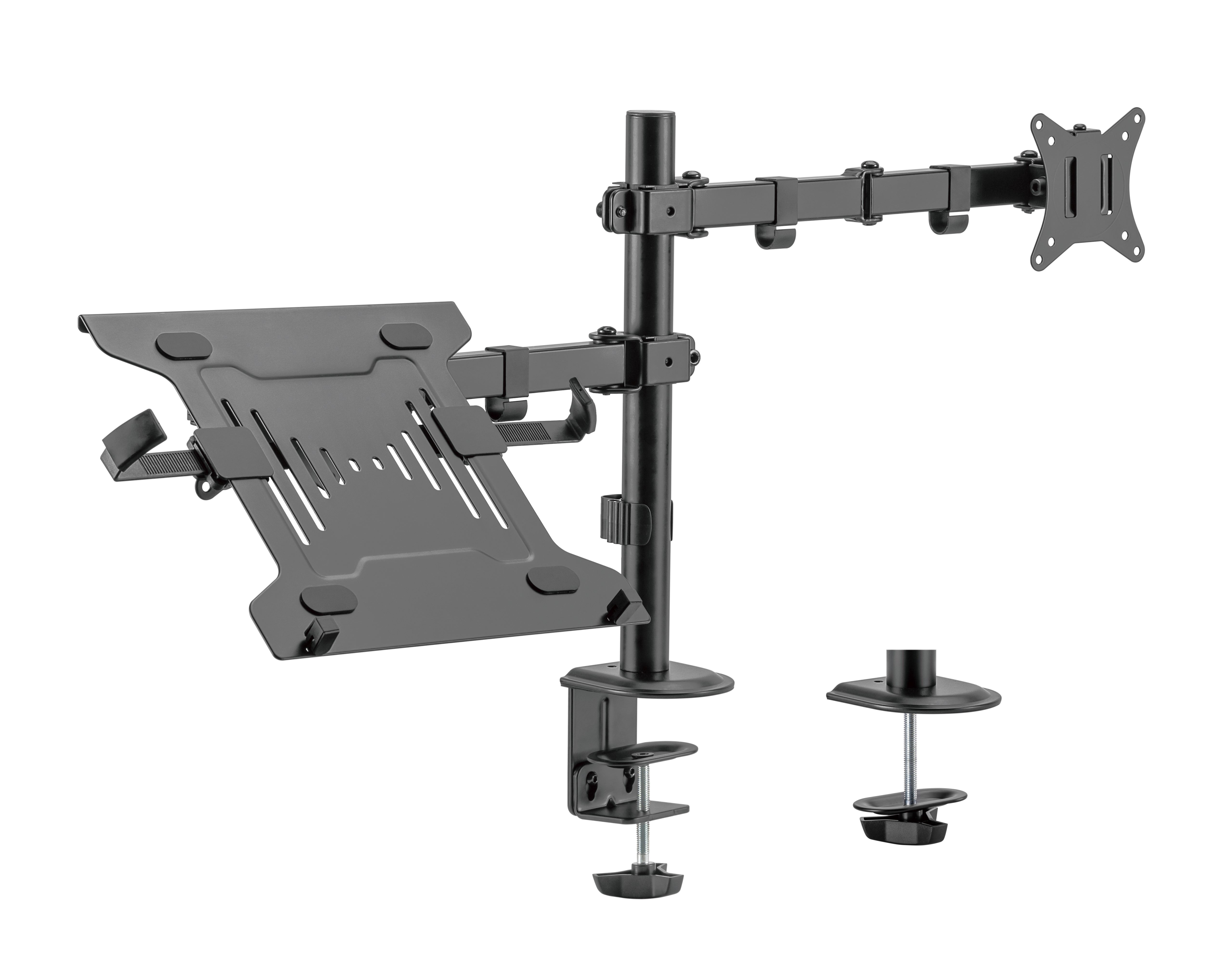 Een zwarte monitorarm met laptoptafel en klem.