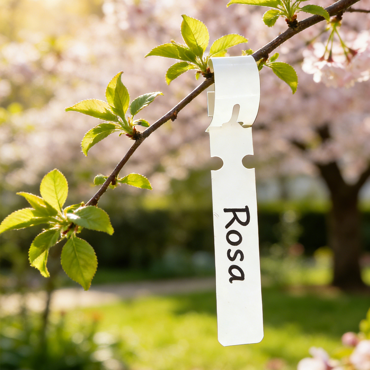 Ein weißes Etikett mit der Aufschrift "Rosa" hängt an einem Ast mit grünen Blättern und rosa Blüten.
