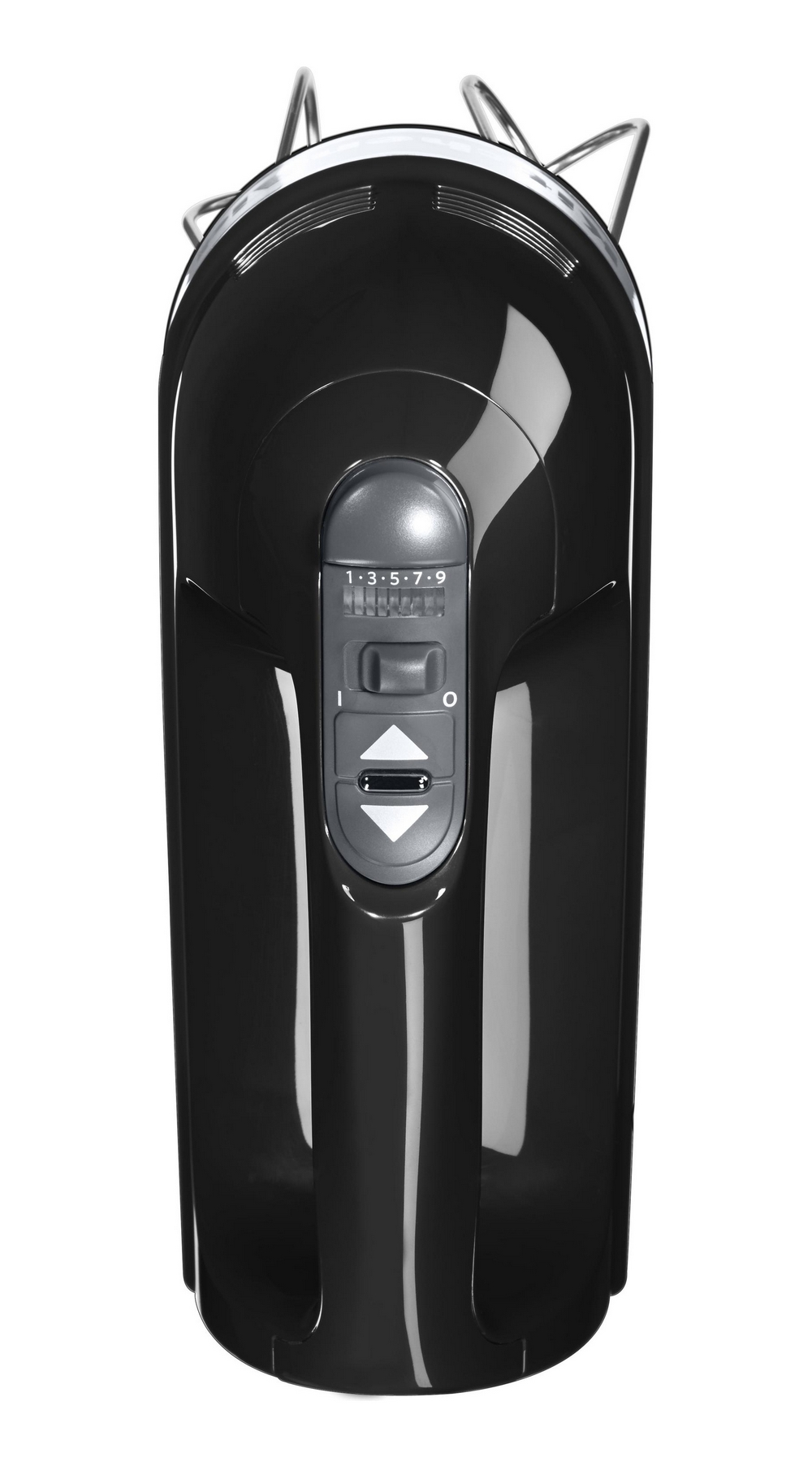 Sbattitore elettrico nero con fruste cromate e controlli per velocità e potenza.