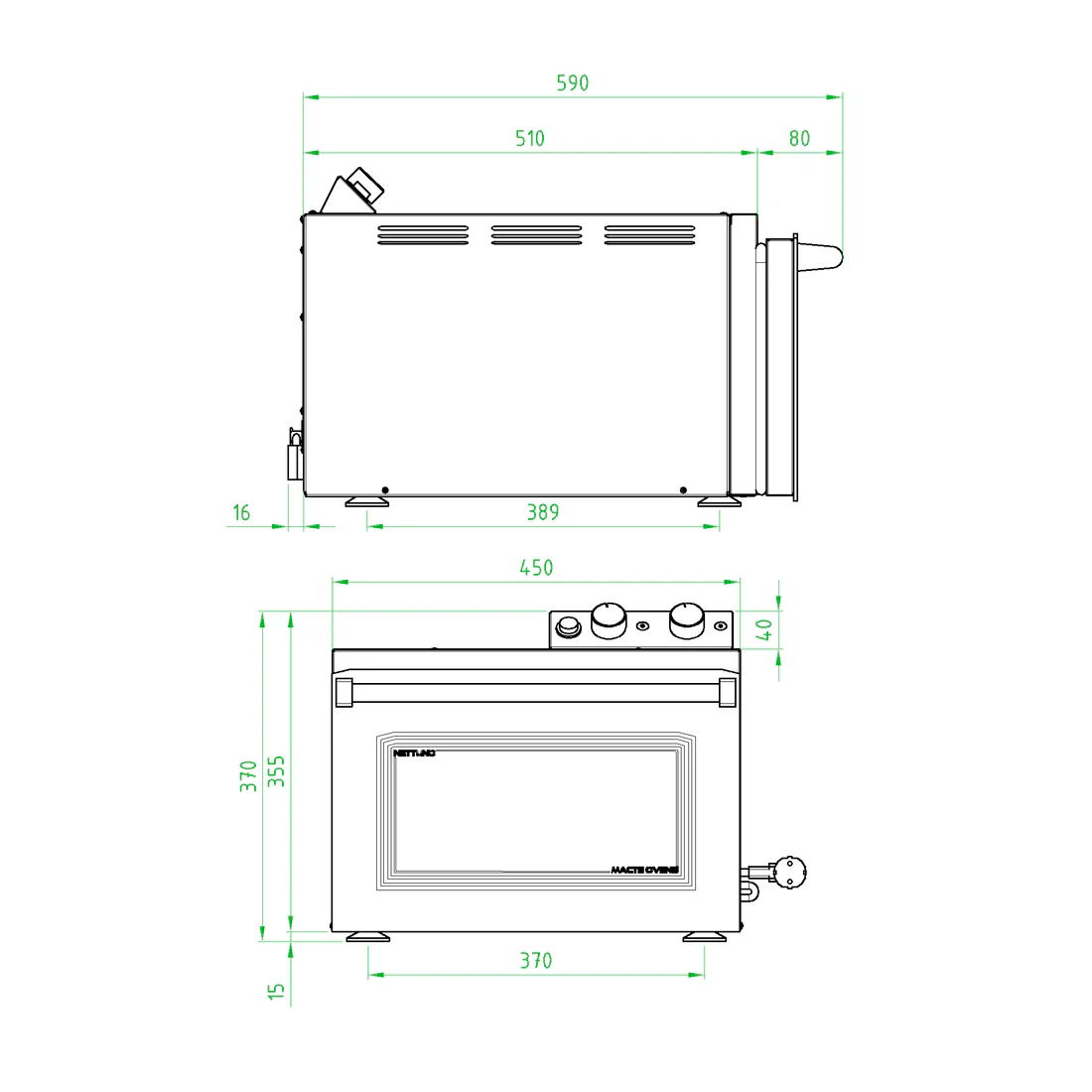 Disegno tecnico di un forno con dimensioni. Viste dall'alto e frontale.