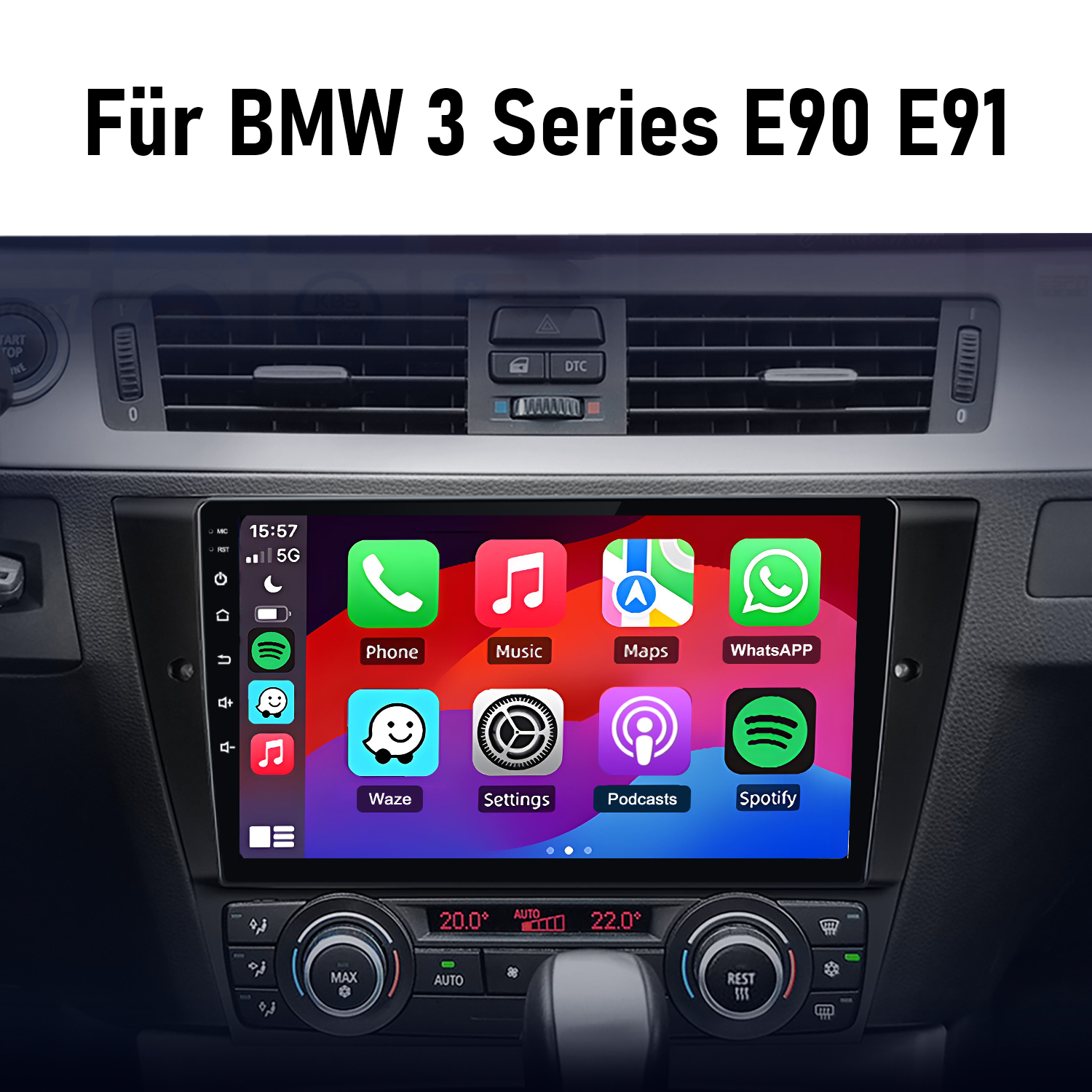 Ein Auto-Infotainmentsystem für BMW 3er E90/E91 mit App-Symbolen.