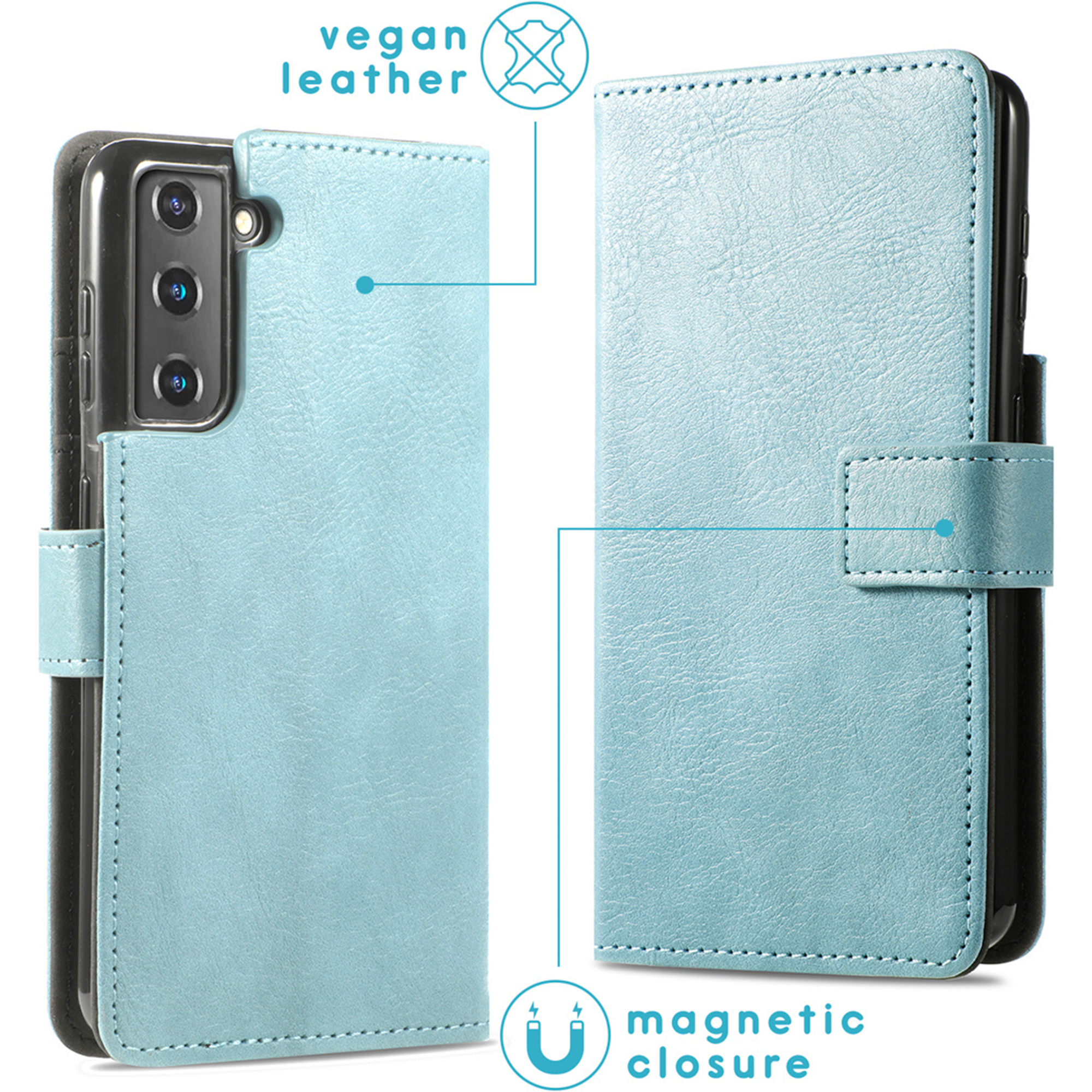Custodia per telefono in ecopelle azzurra con chiusura magnetica, vista aperta e chiusa.