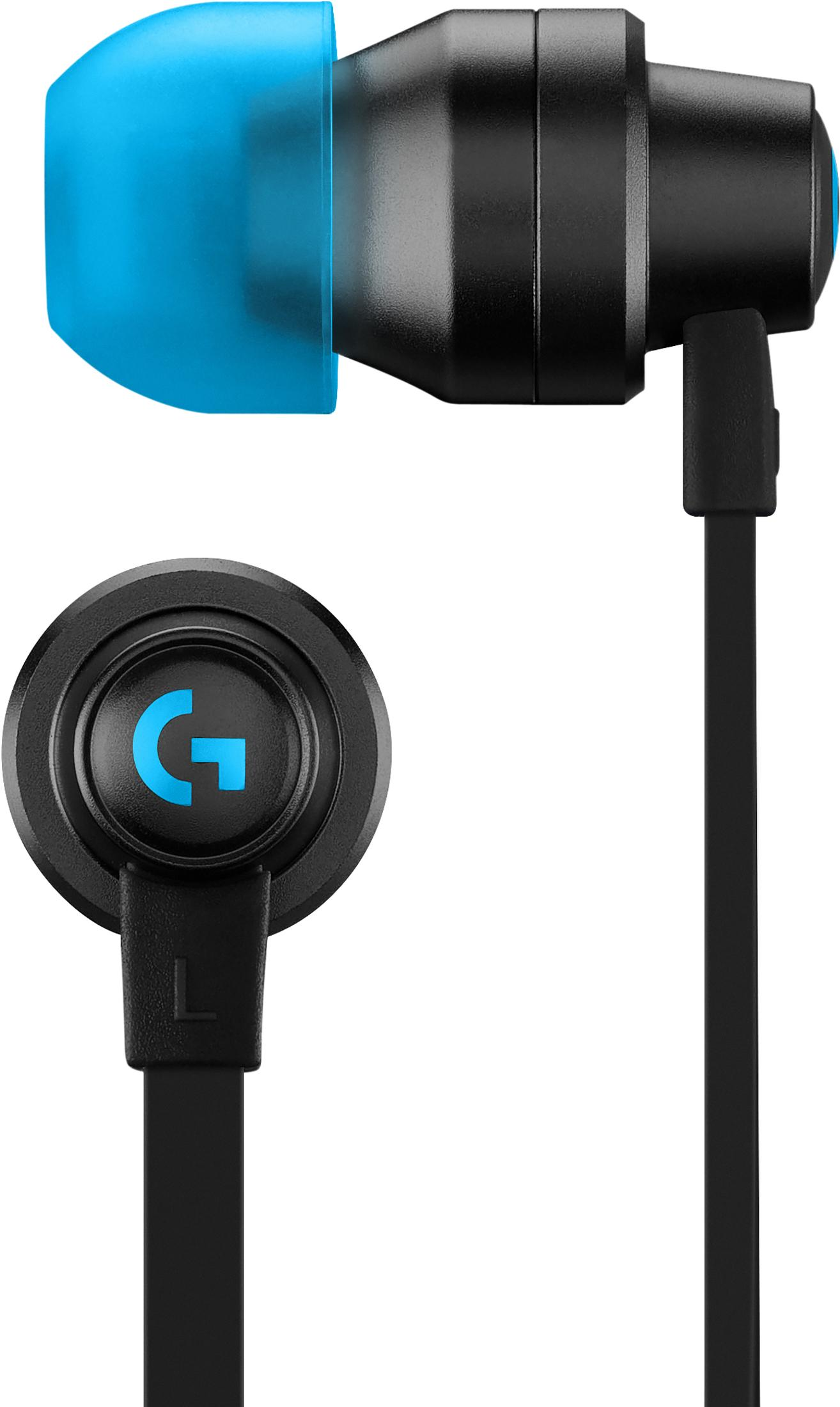 Czarne słuchawki z niebieską końcówką i logo G na lewej słuchawce.