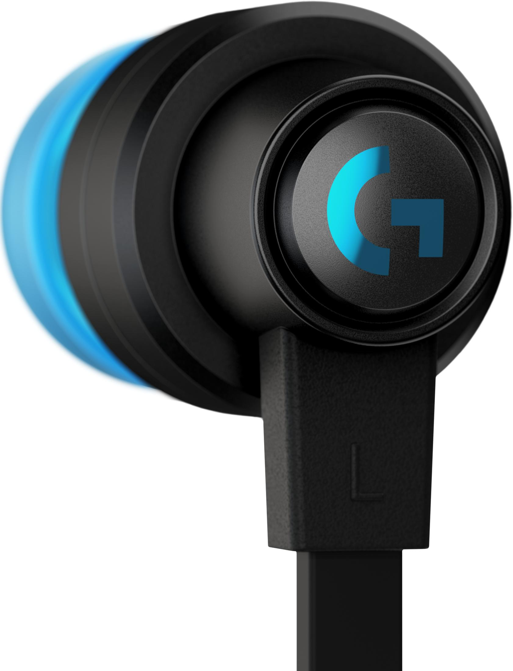 Zbliżenie czarnych słuchawek z niebieskim logo G i niebieskimi akcentami.