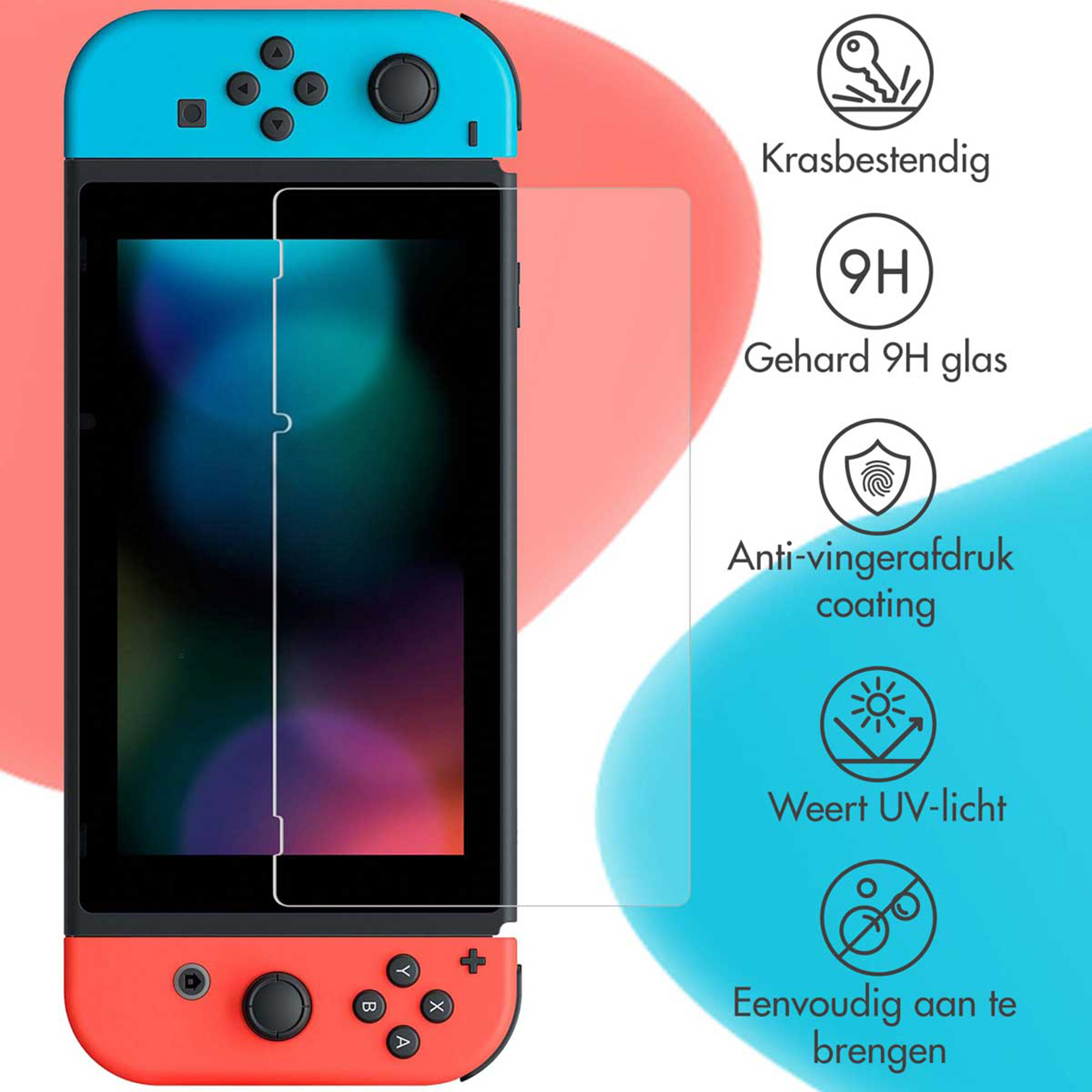 Protezione schermo su Nintendo Switch blu e rossa con icone a lato.