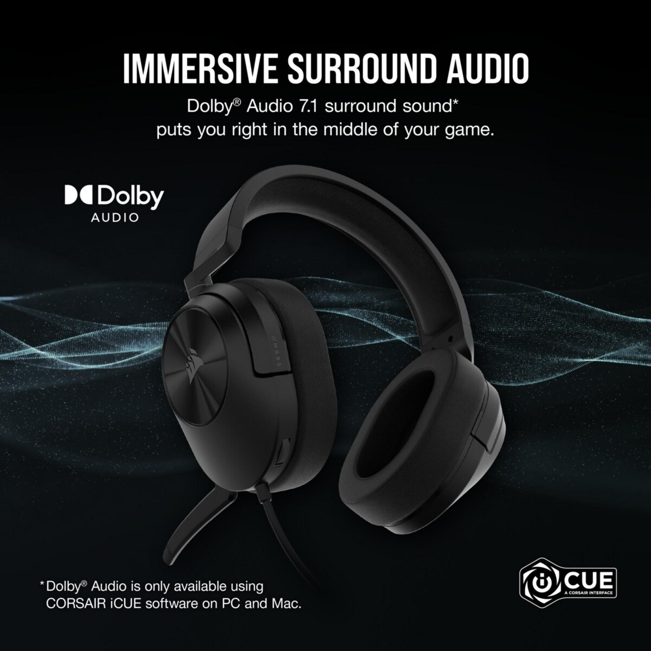 Schwarzer Kopfhörer mit Dolby Audio Logo und Wellenmuster.
