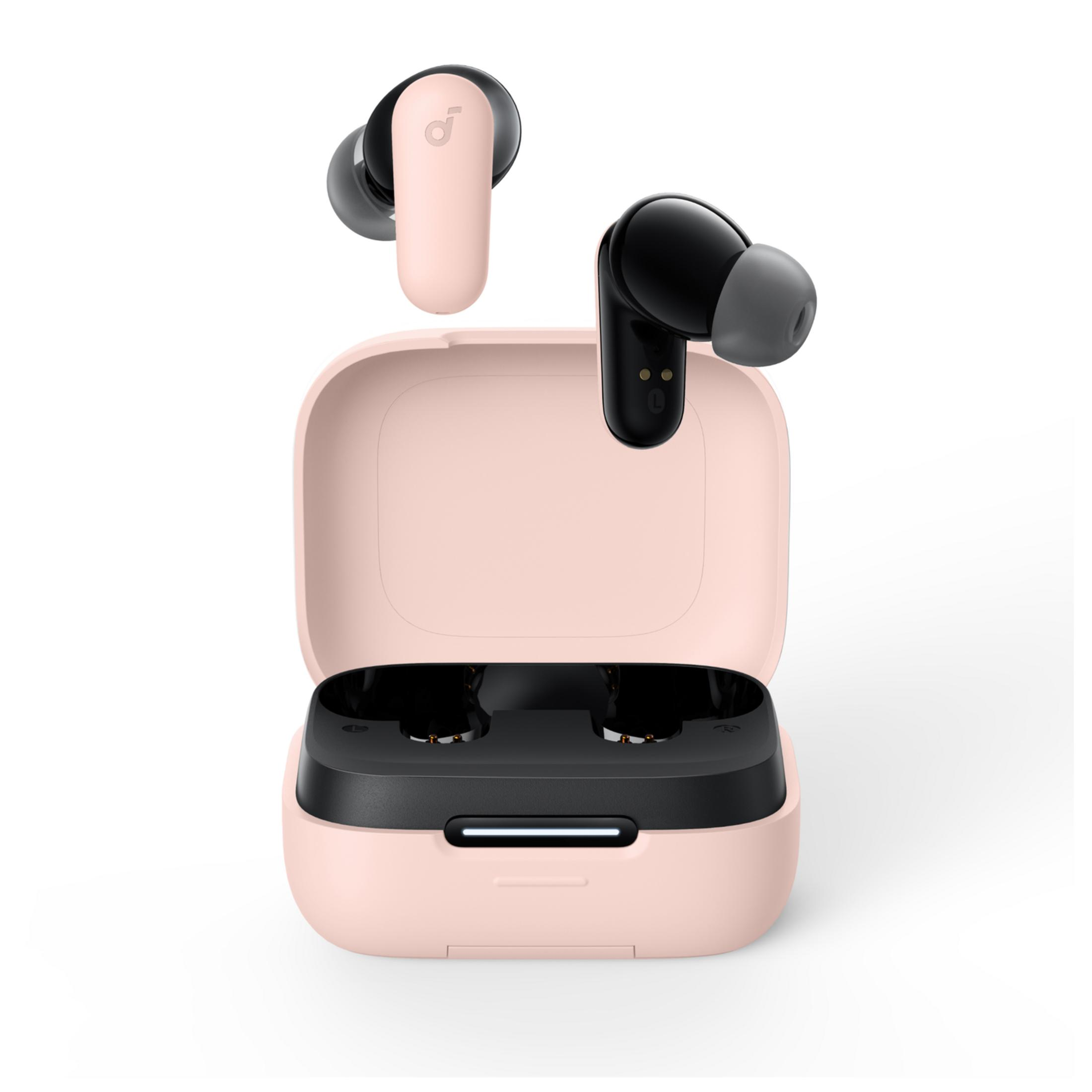 Różowe etui ładujące z dwoma czarno-różowymi słuchawkami.