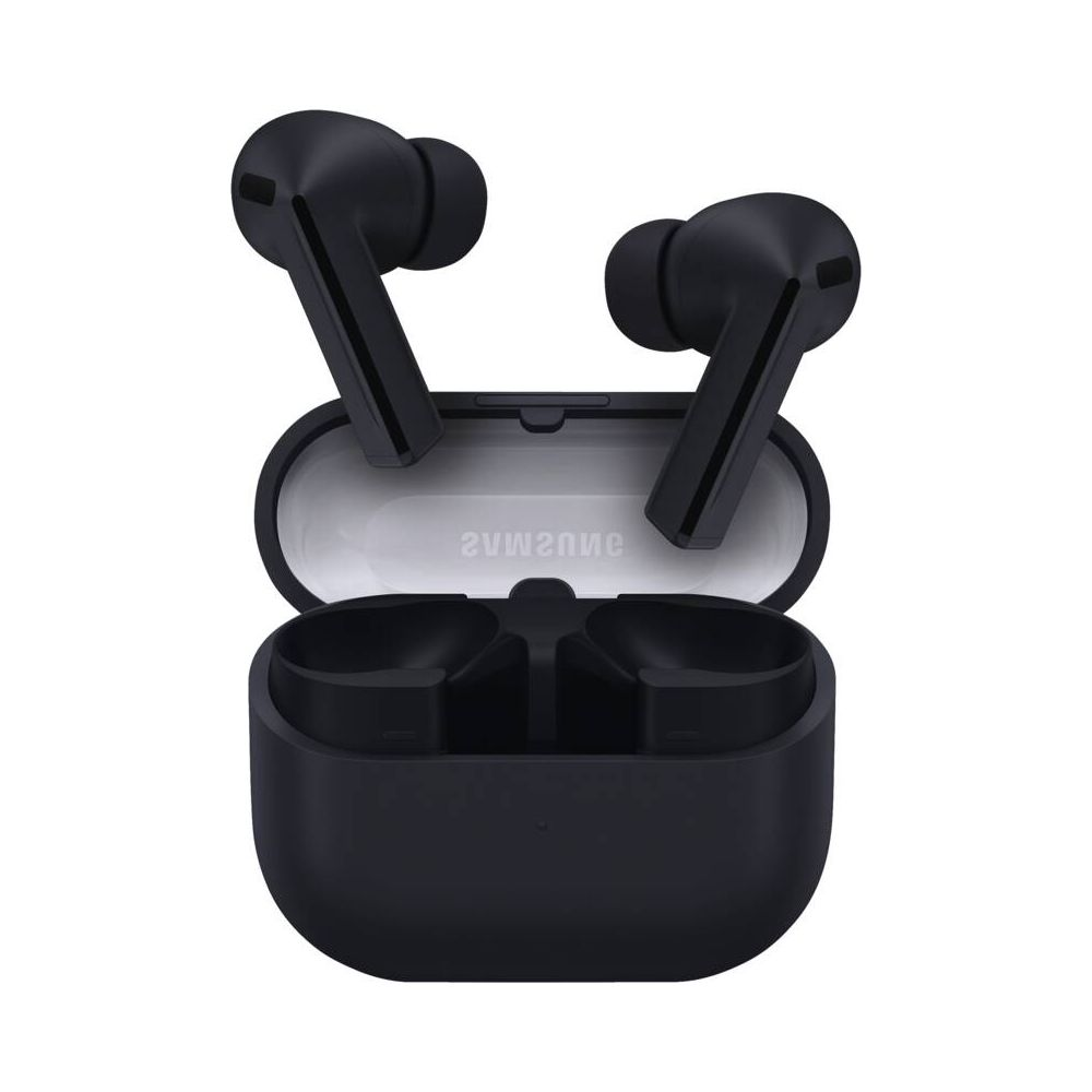 Czarne słuchawki bezprzewodowe z etui ładującym, otwarte.