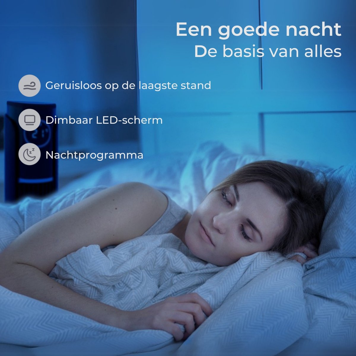 Eine Frau schläft in einem dunklen Raum, neben einem Gerät mit Text.