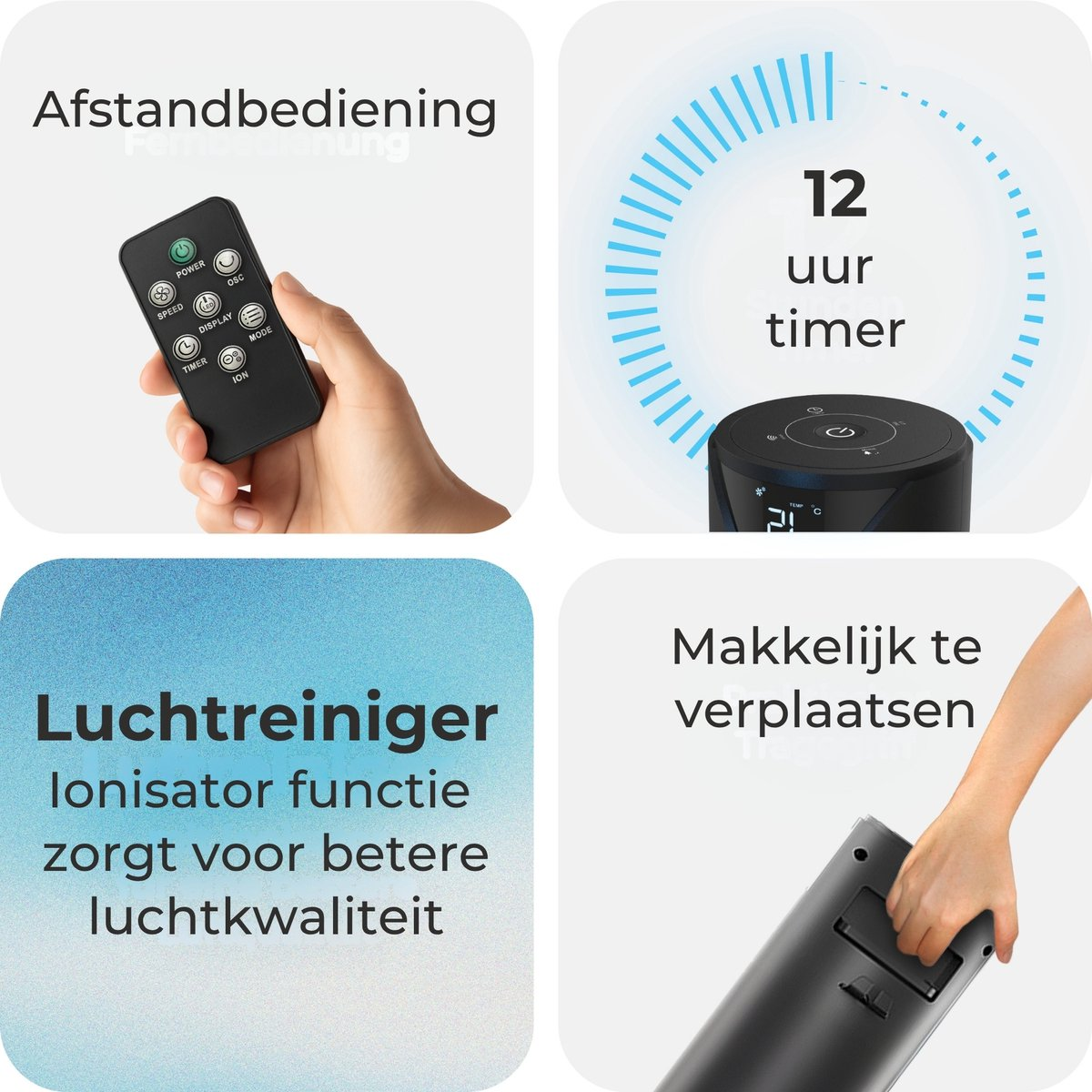 Hand hält Fernbedienung; Luftreiniger mit 12h Timer; Text über Luftreiniger; Person bewegt Gerät.