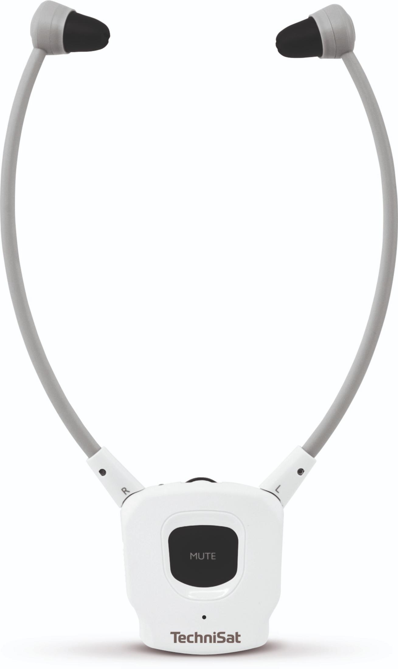 Biały aparat słuchowy TechniSat z przyciskiem wyciszenia i słuchawkami.