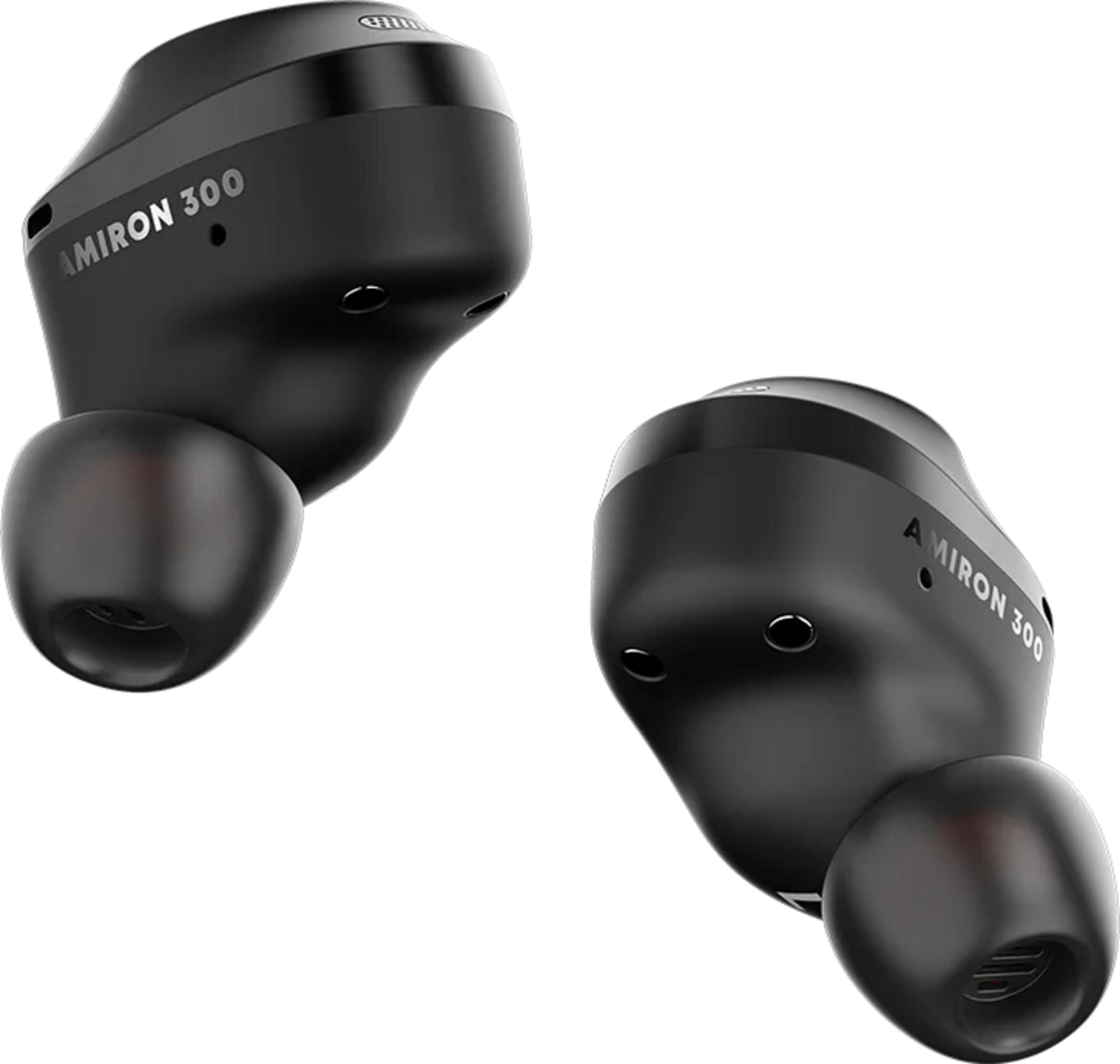 Due auricolari wireless neri con testo AMIRON 300.