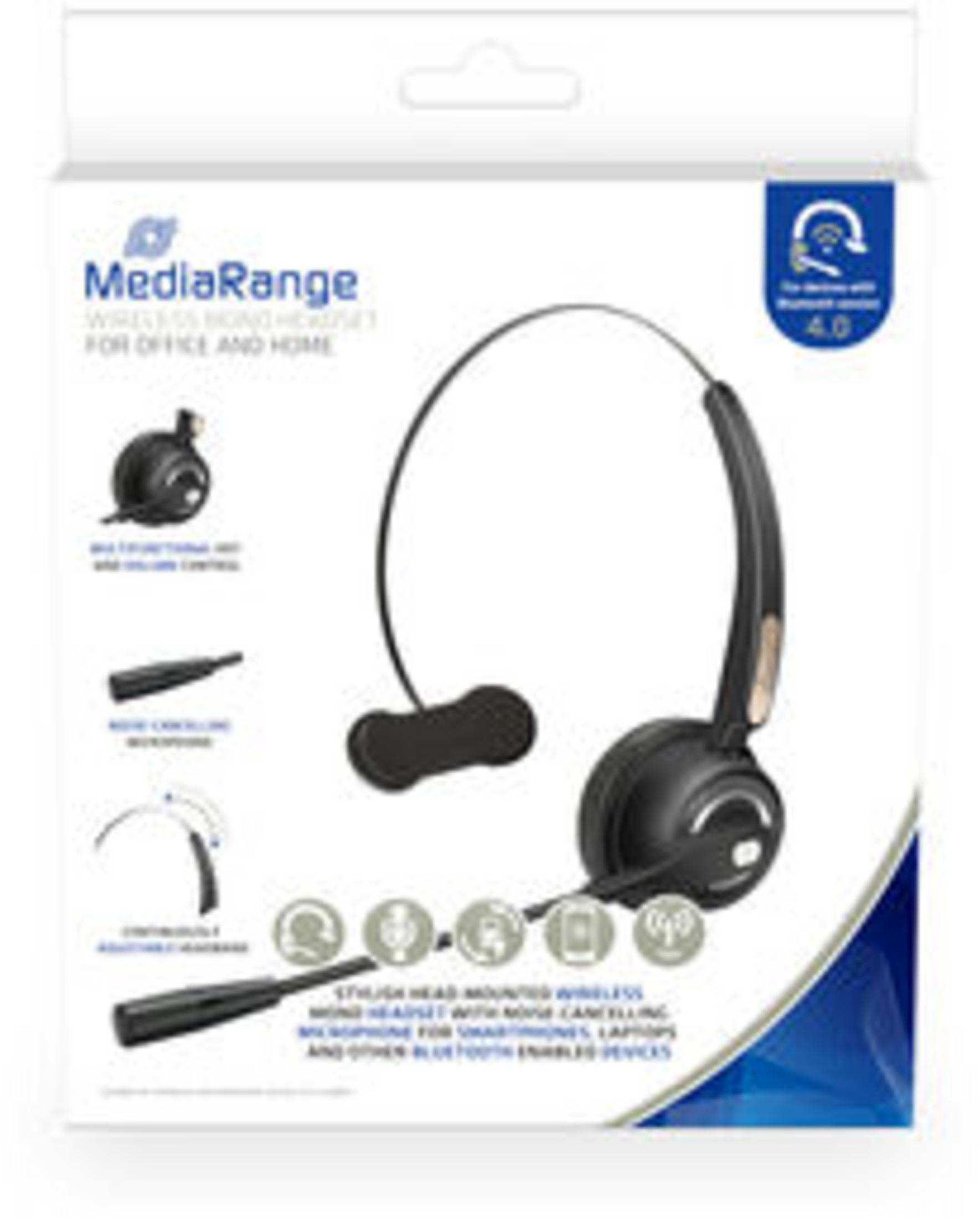 Opakowanie czarnego zestawu słuchawkowego MediaRange z mikrofonem i Bluetooth 4.0.