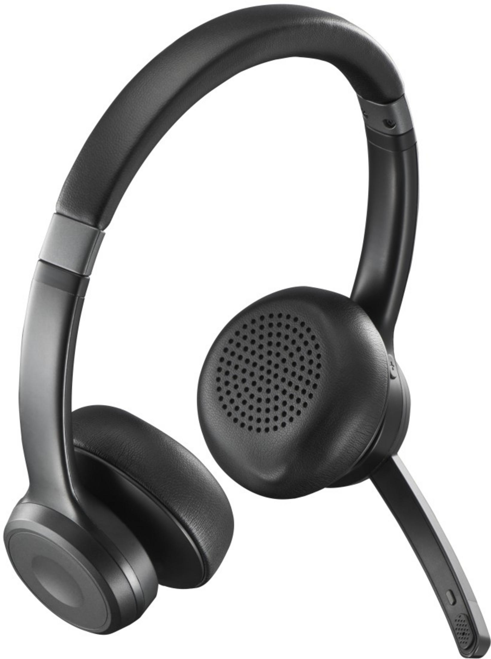 Czarny bezprzewodowy zestaw słuchawkowy z mikrofonem i wyściełanymi nausznikami.