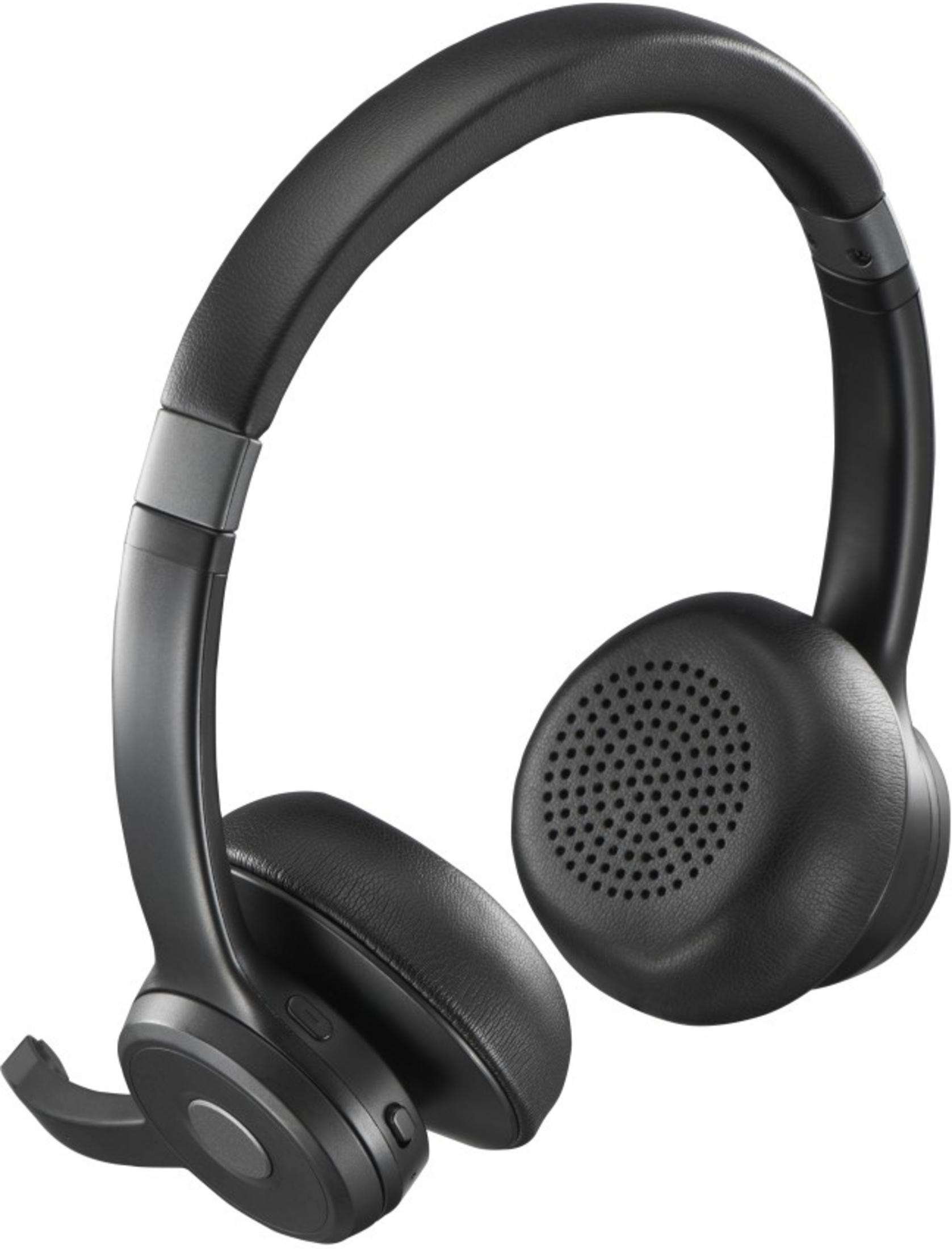Czarne słuchawki z mikrofonem i wyściełanymi nausznikami na białym tle.