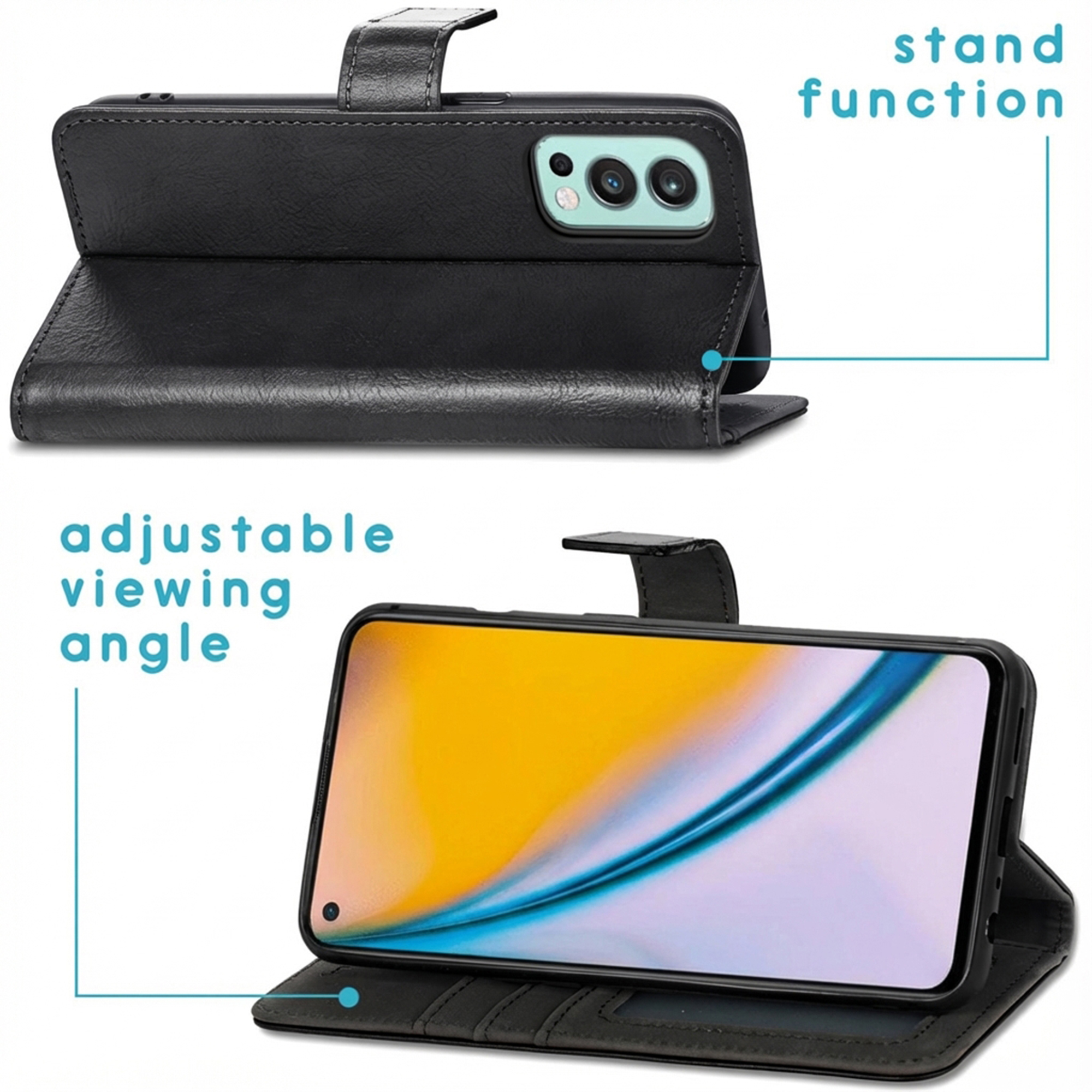 Coque noire pour téléphone avec fonction support et angle de vision réglable.