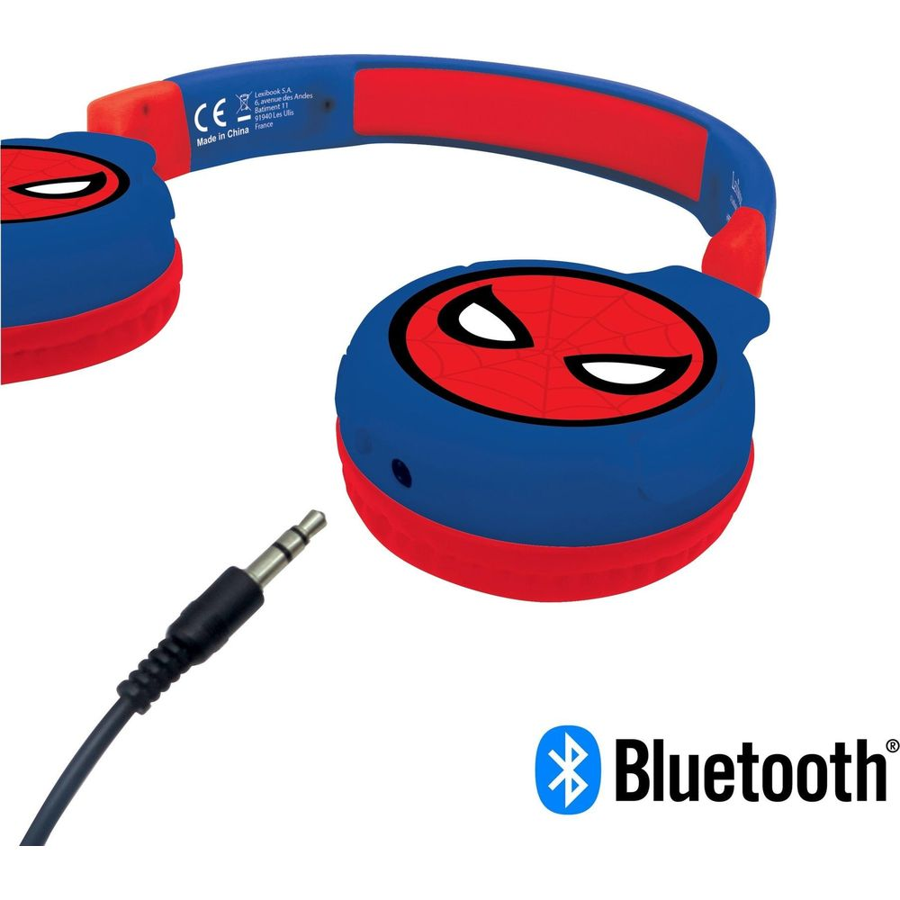 Niebiesko-czerwone słuchawki z motywem Spidermana i kablem audio.