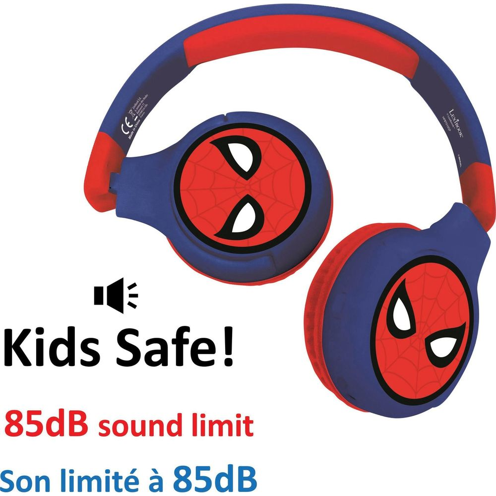 Niebiesko-czerwone słuchawki z motywem Spidermana i napisem "Kids Safe".