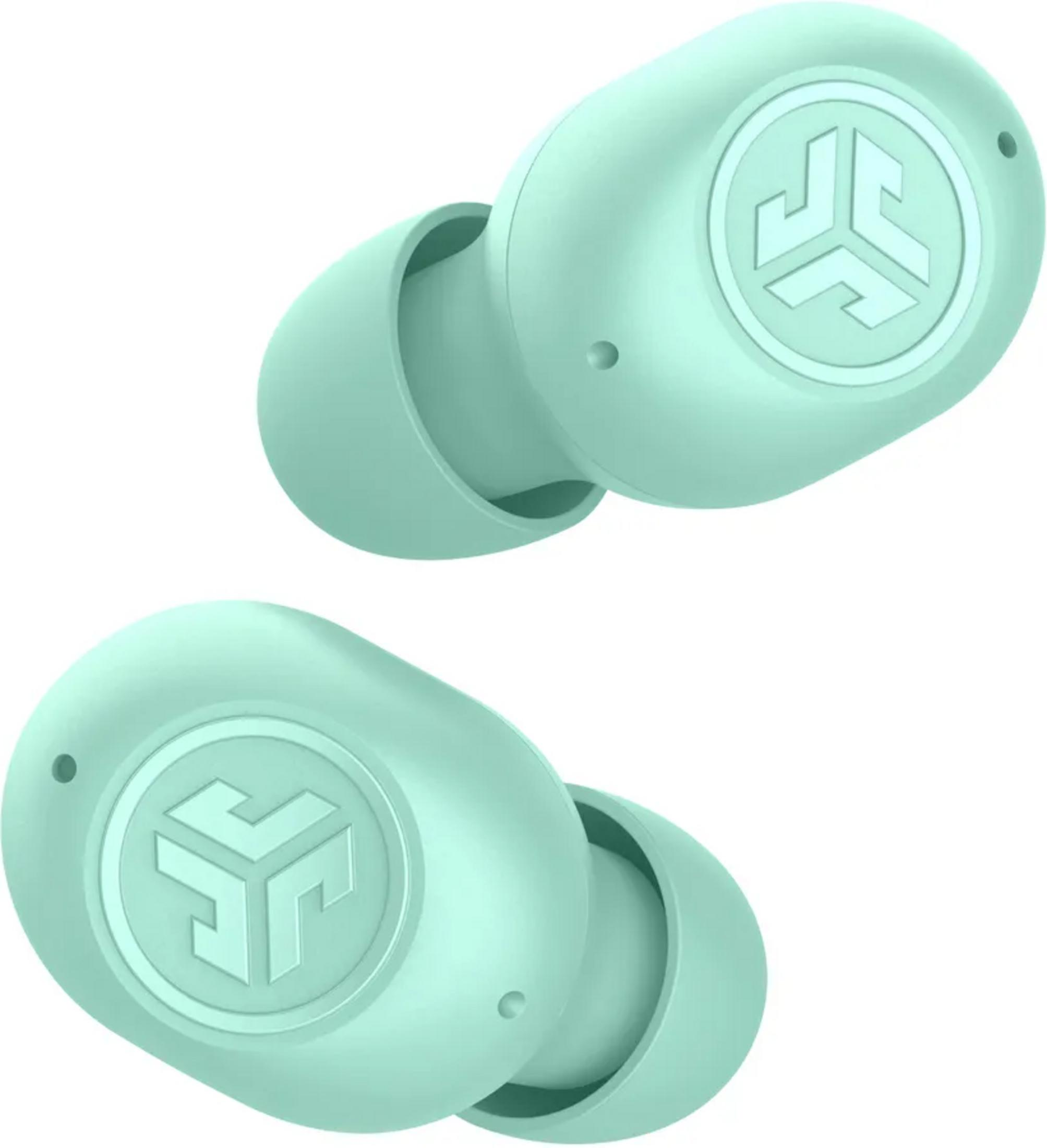 Due auricolari wireless color verde acqua con logo, su sfondo bianco.