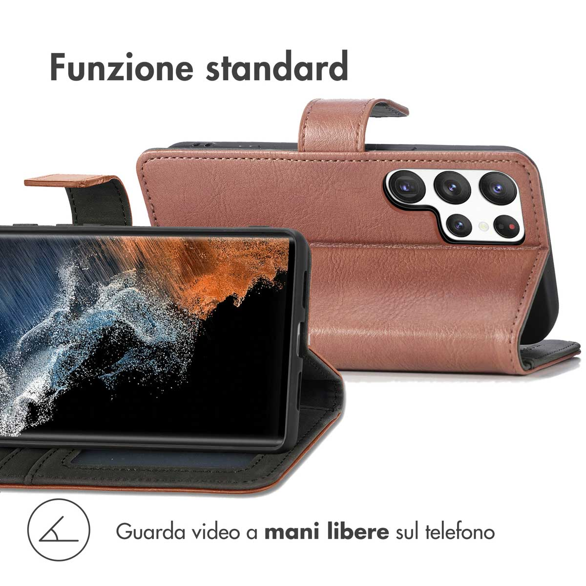 Bruine lederen telefoonhoes in standaardpositie voor handsfree bekijken.