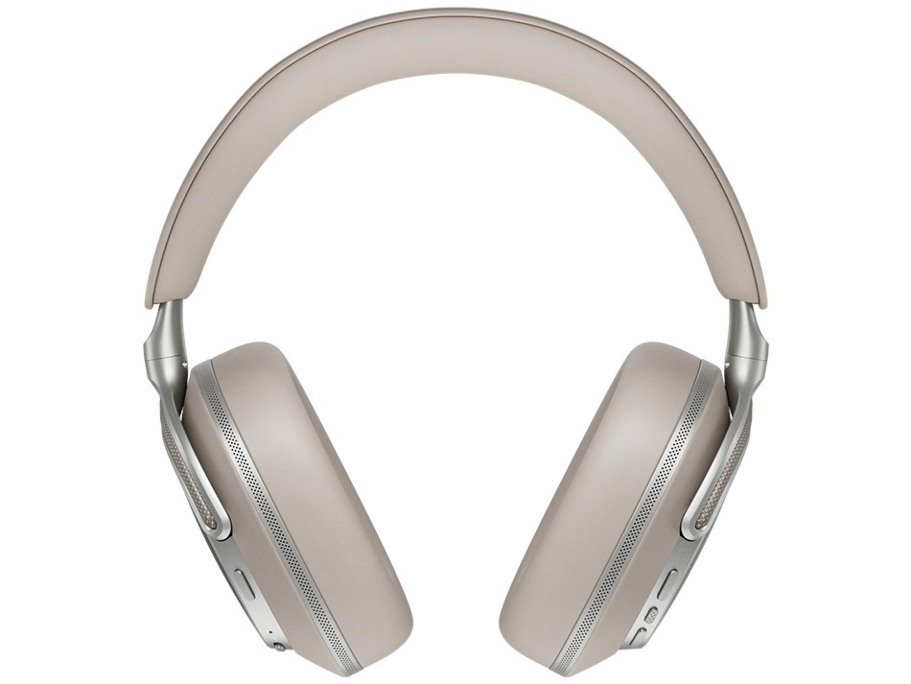 Cuffie beige con accenti argentati su sfondo bianco.