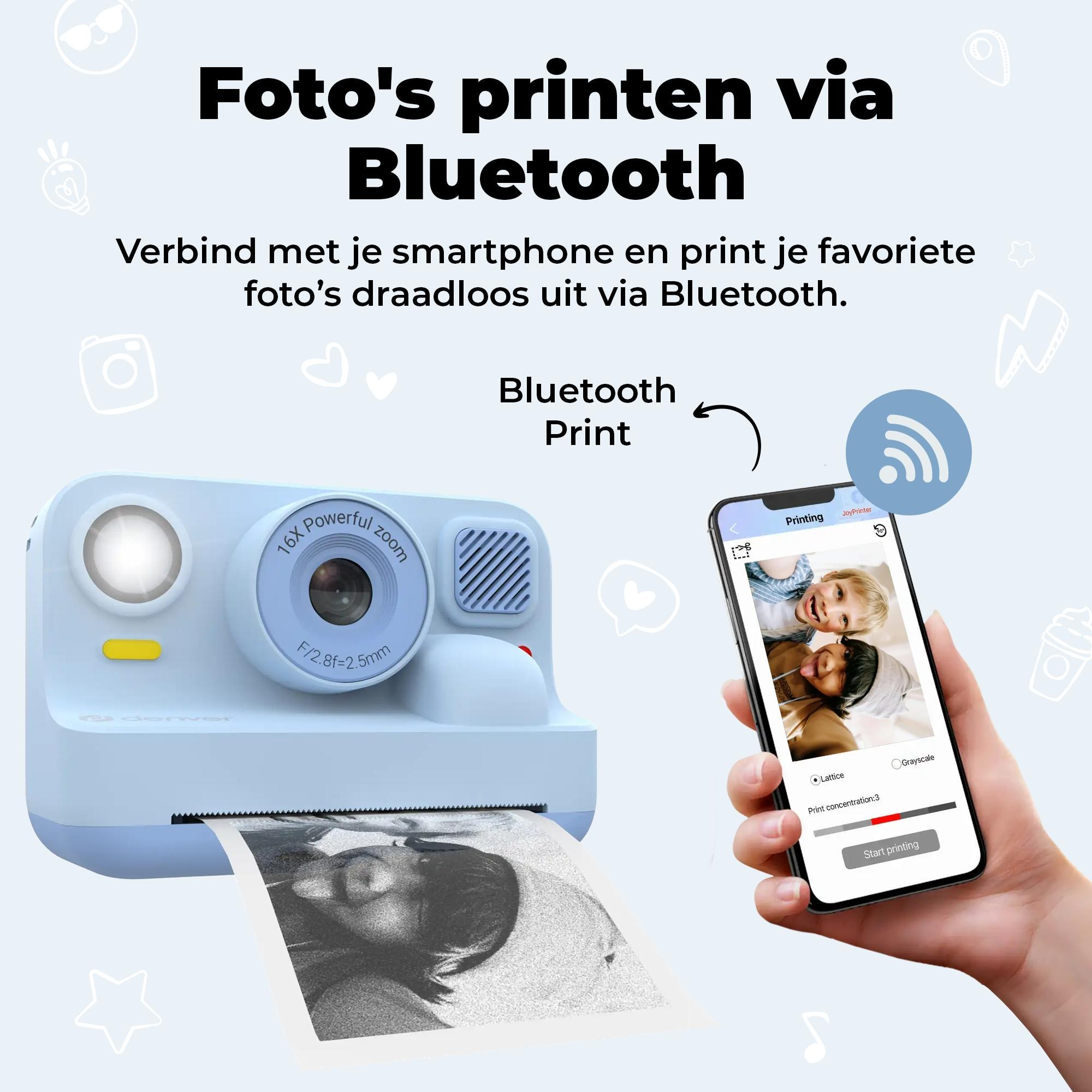 A blue Bluetooth printer prints a photo, a hand holds a smartphone.