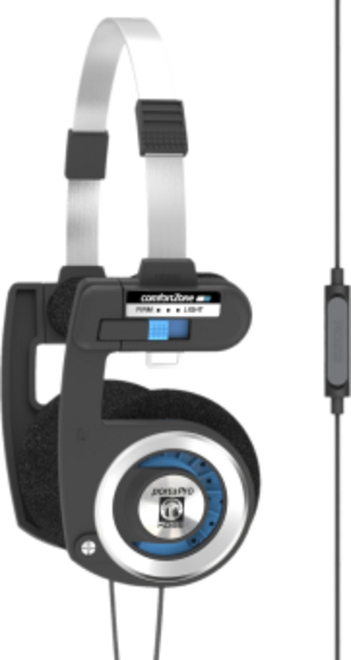 Szare słuchawki z niebieskimi akcentami i kablem.