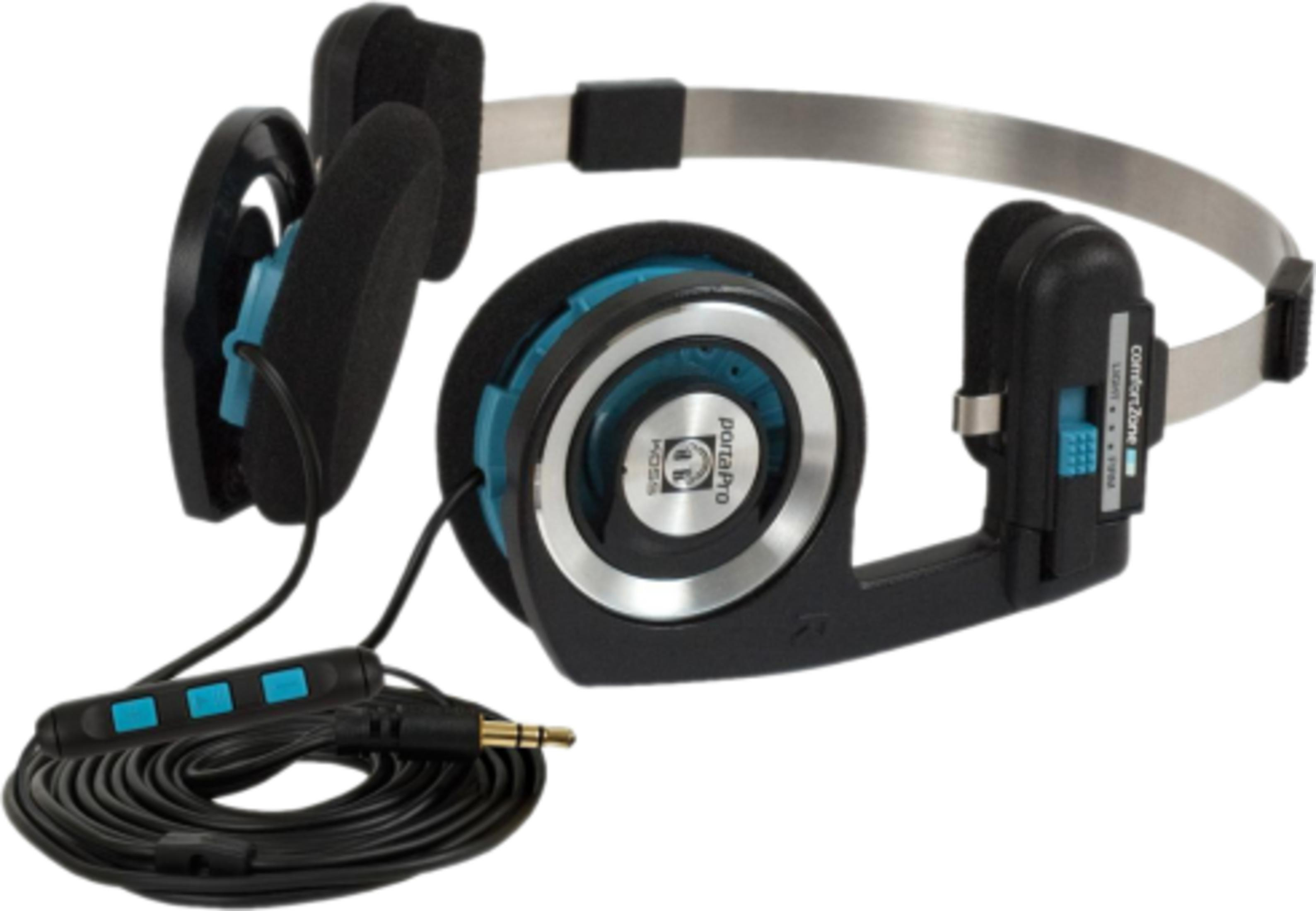 Czarne słuchawki z niebieskimi akcentami i zwiniętym kablem z pilotem.