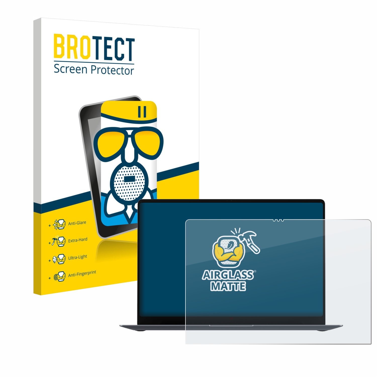 BROTECT Displayschutzfolie für Laptops mit Icons für matte, harte, leichte und Anti-Fingerabdruck-Eigenschaften.