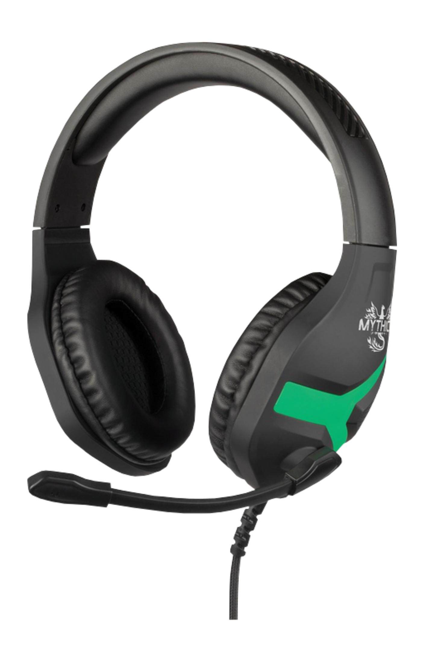 Czarne słuchawki gamingowe z mikrofonem i zielonymi akcentami.