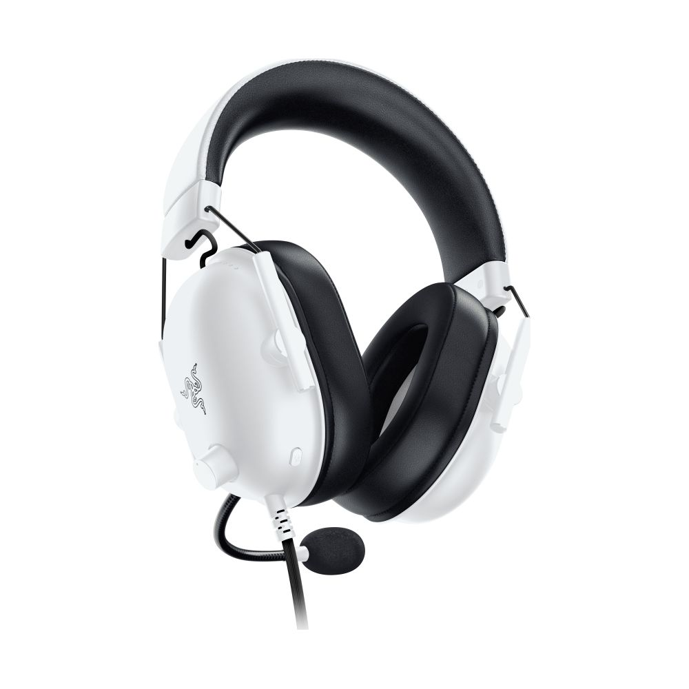 Białe słuchawki gamingowe z czarnym pałąkiem i mikrofonem.