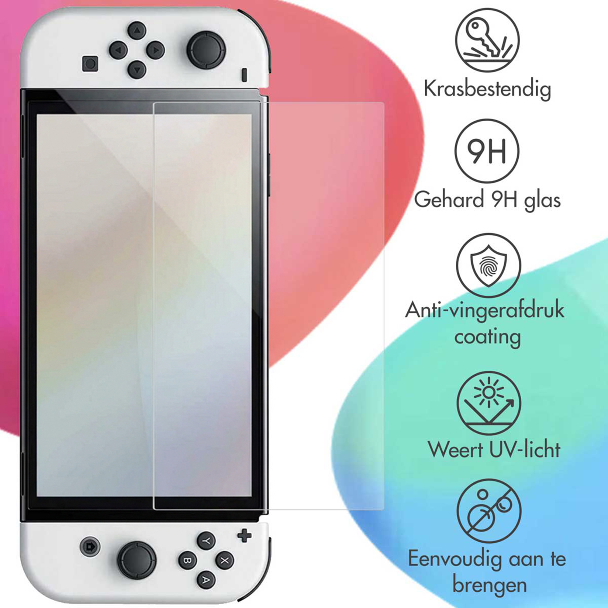 Una protezione per lo schermo di un Nintendo Switch bianco con icone per resistenza ai graffi, vetro 9H e facile applicazione.
