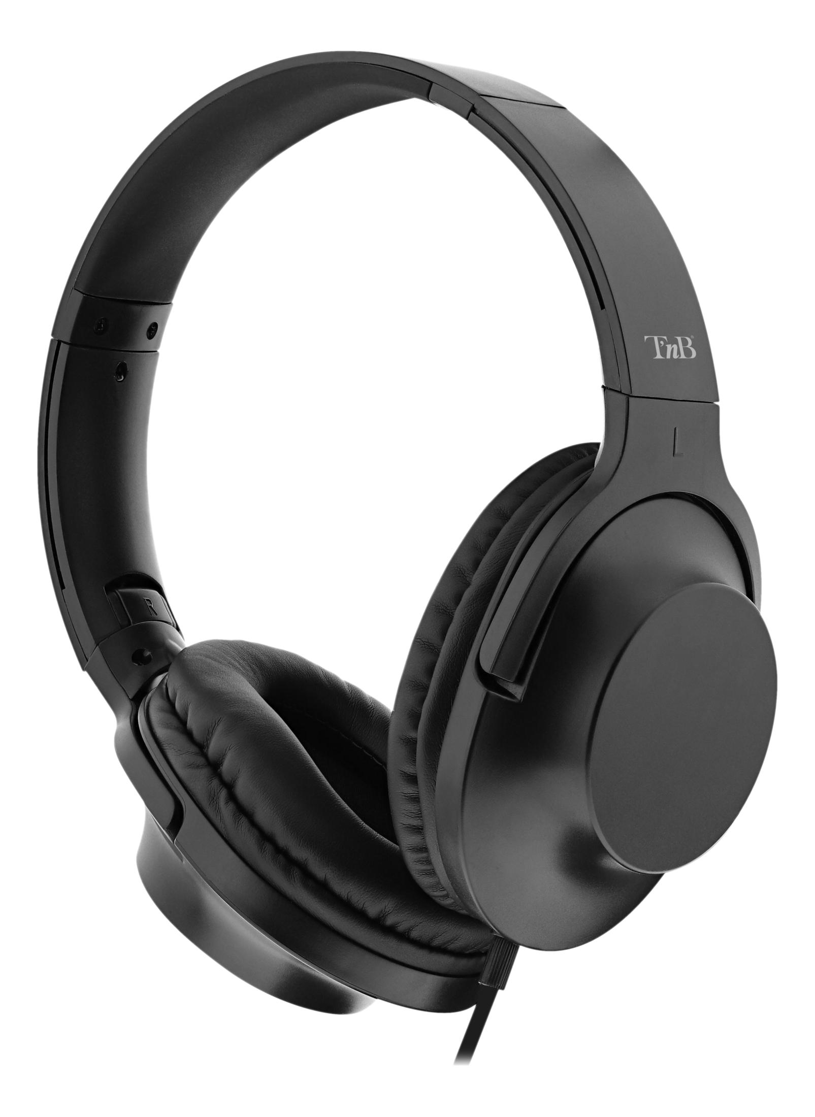 Cuffie nere over-ear con padiglioni imbottiti e archetto, dotate di cavo.