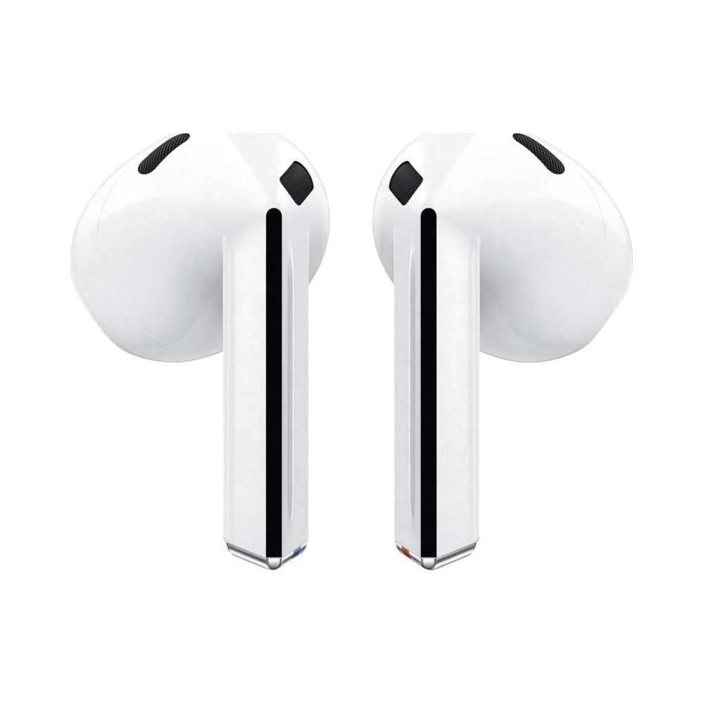Dwa białe słuchawki bezprzewodowe z czarnymi akcentami stoją obok siebie.