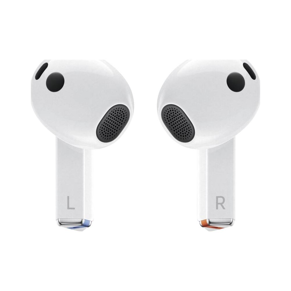 Dwa białe słuchawki obok siebie, oznaczone L i R.