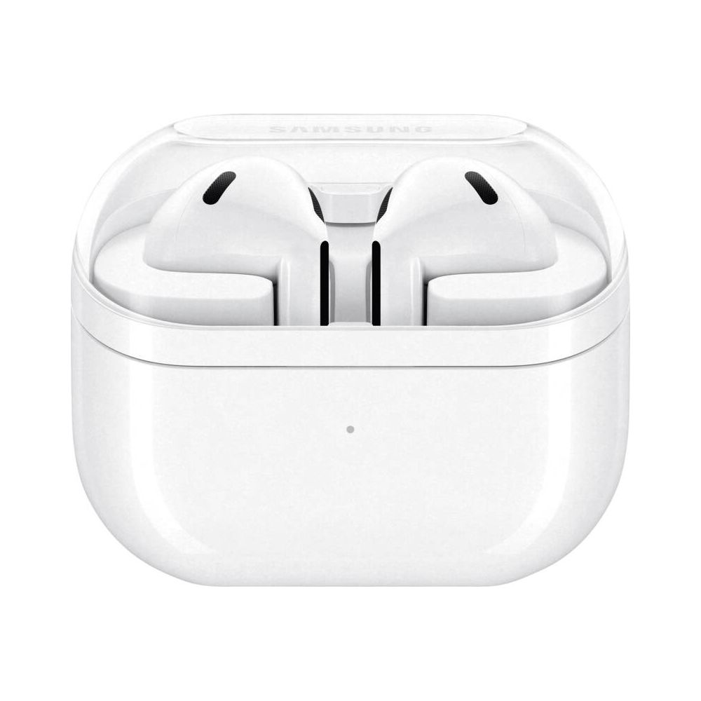 Białe słuchawki Samsung w przezroczystym etui ładującym.