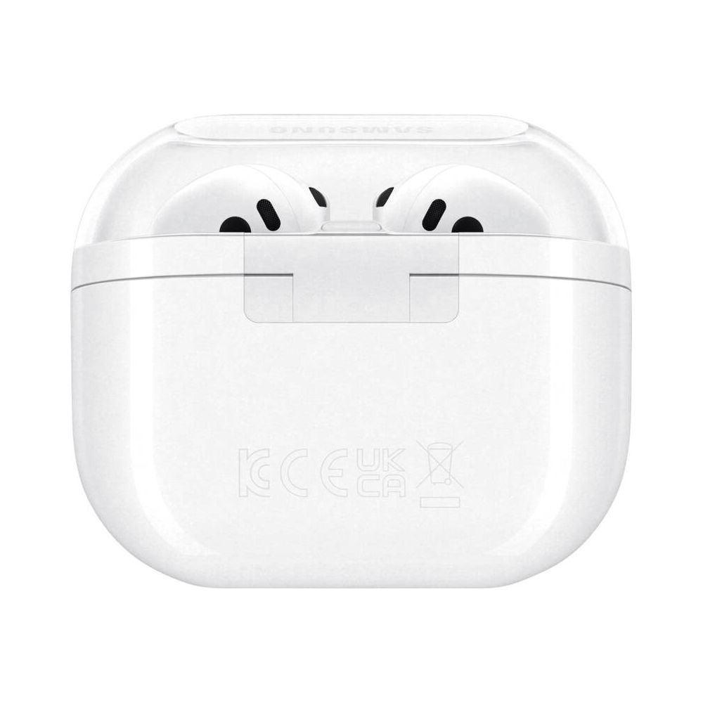 Białe etui Samsung Galaxy Buds Pro z słuchawkami. Białe tło.