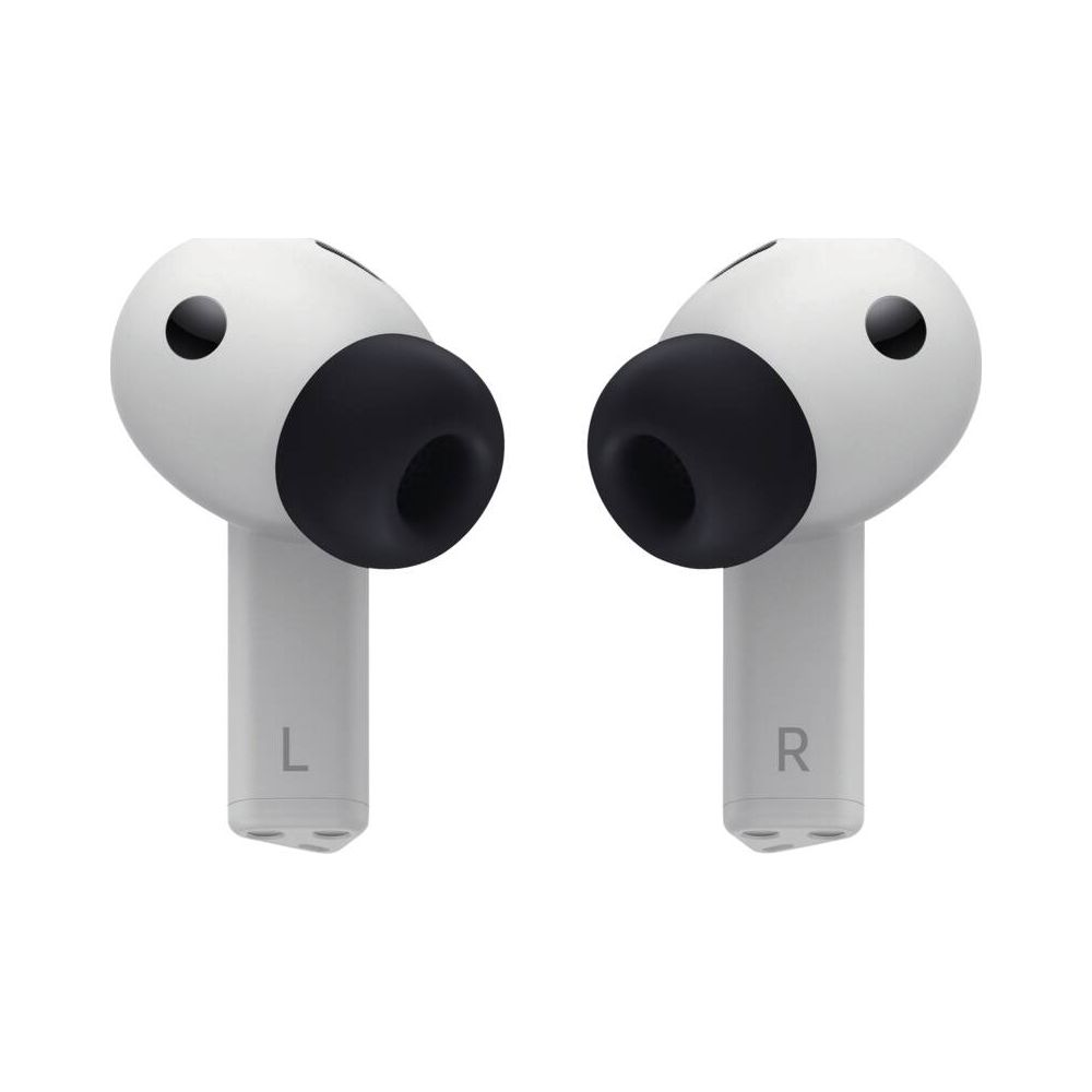 Dwa białe słuchawki z czarnymi końcówkami i oznaczeniami L/R na białym tle.