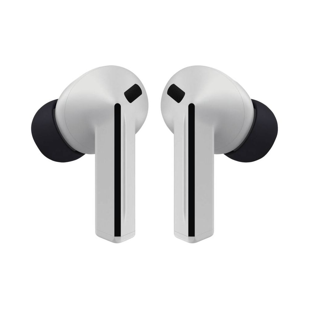 Dwa białe słuchawki bezprzewodowe z czarnymi końcówkami i paskami.