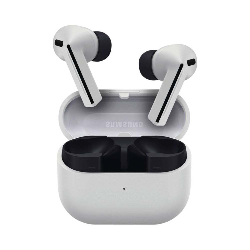 Białe słuchawki bezprzewodowe z czarnymi końcówkami w otwartym białym etui.